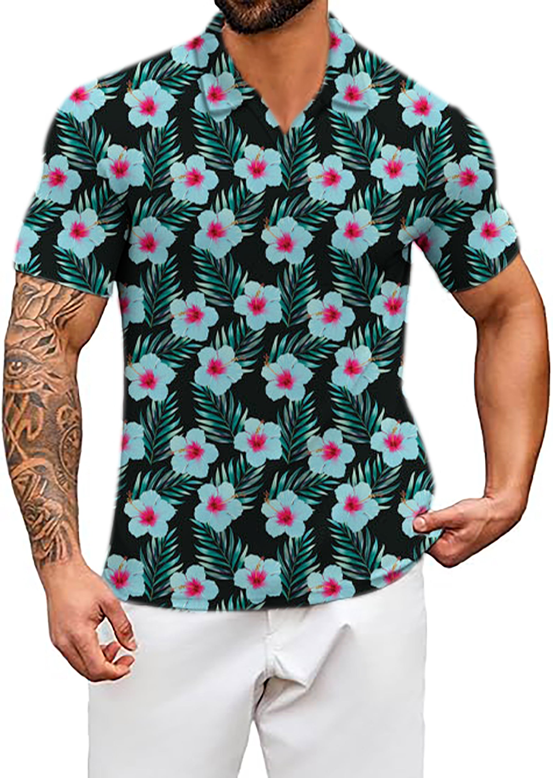 Men's Tropical Flowers V Neck Golf Polo Shirts