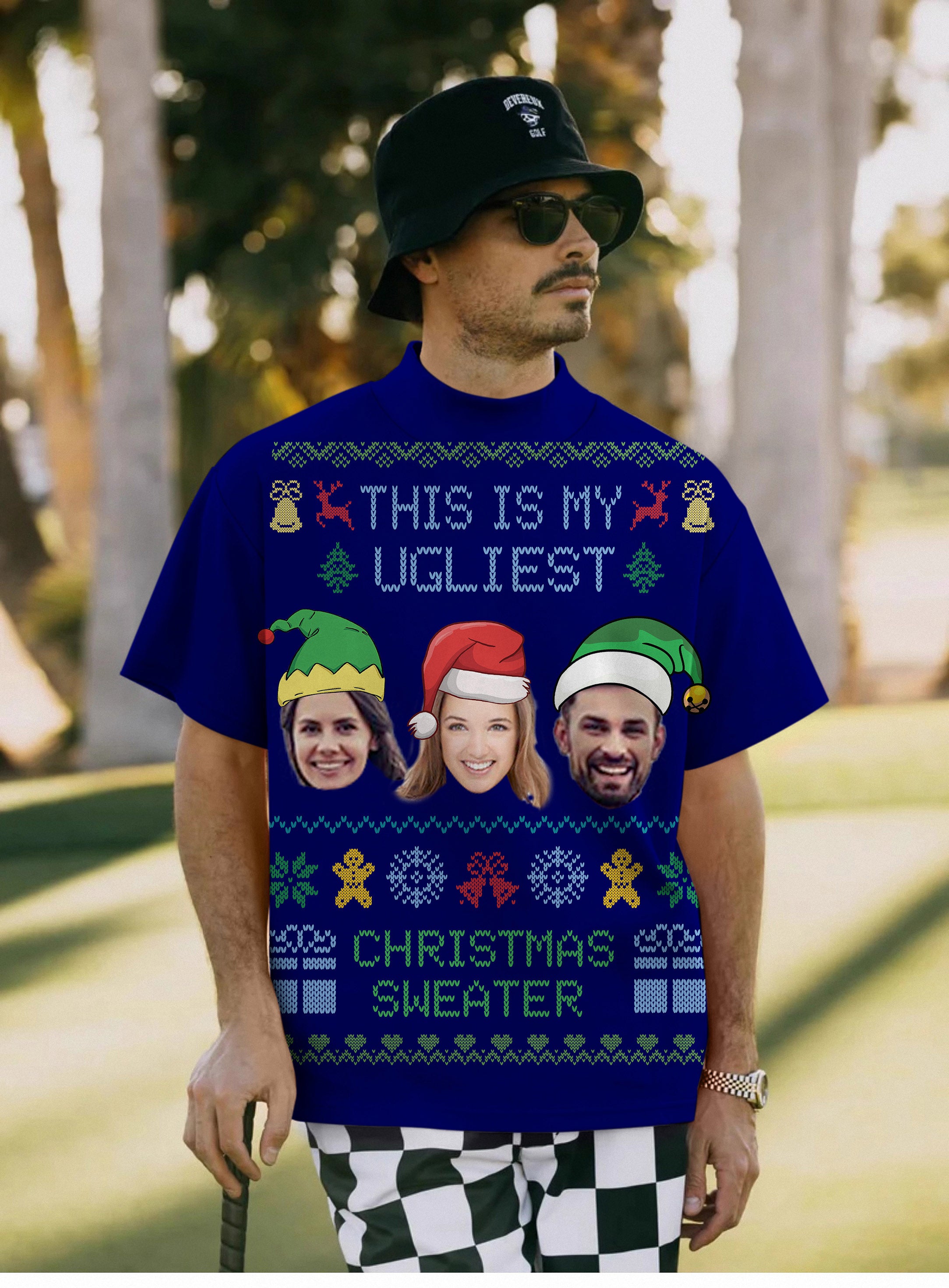 Men's Navy-Christmas Custom face Pullover High neck Long/Short sleeve T-Shirt