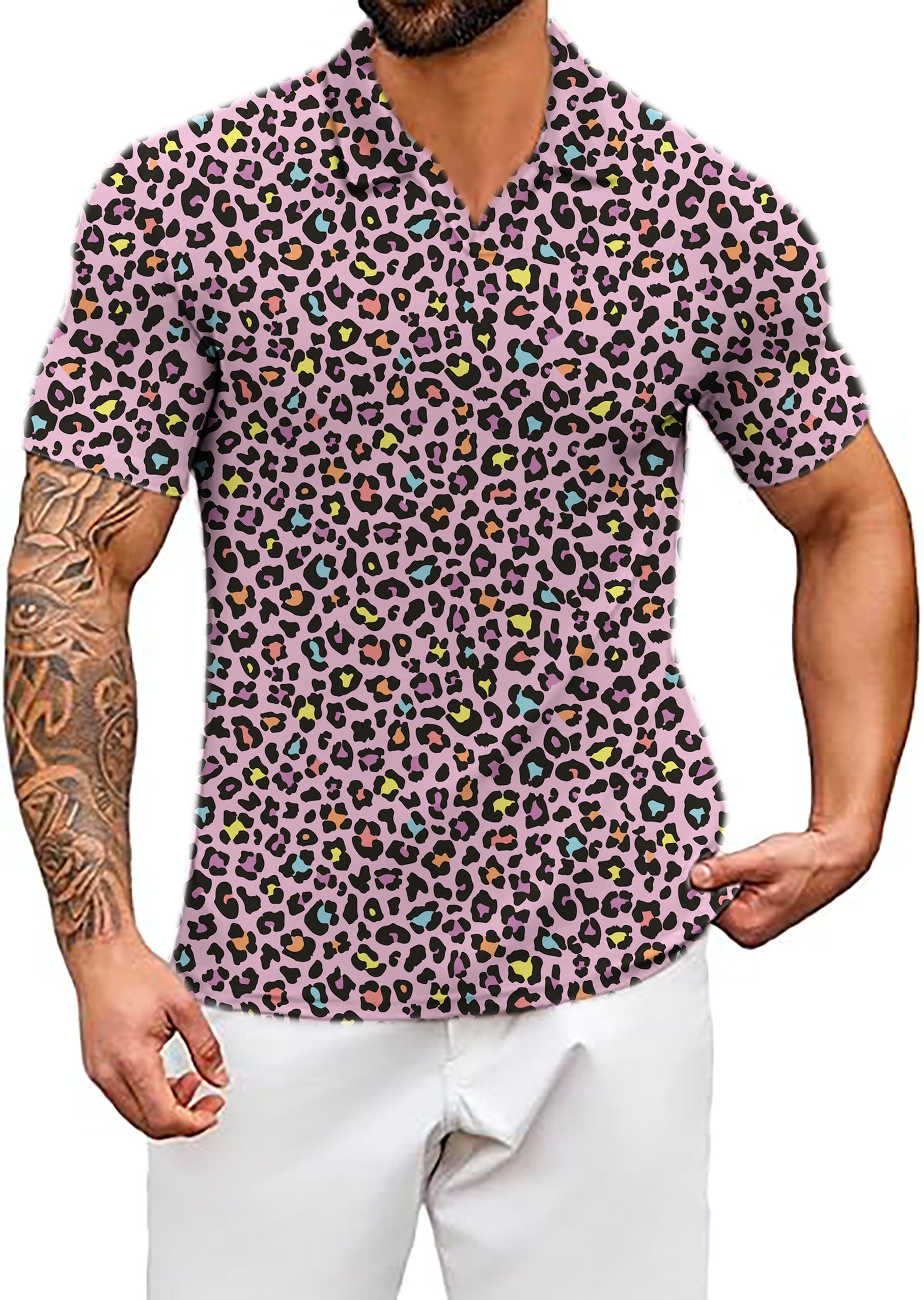 Men's Leopard V Neck Golf Polo Shirts