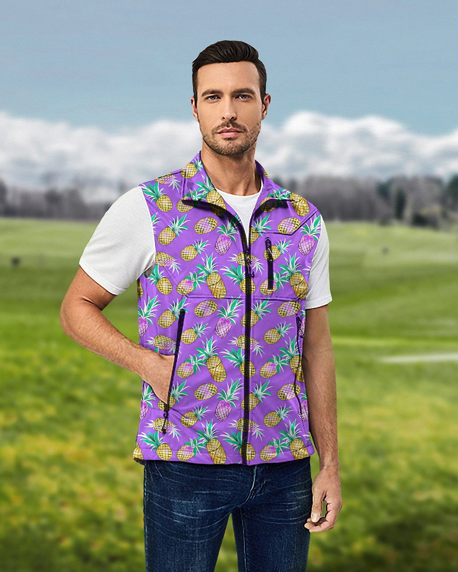 Men's Purple Pineapple Lightweight Softshell Vest Sleeveless Jacket for Golf