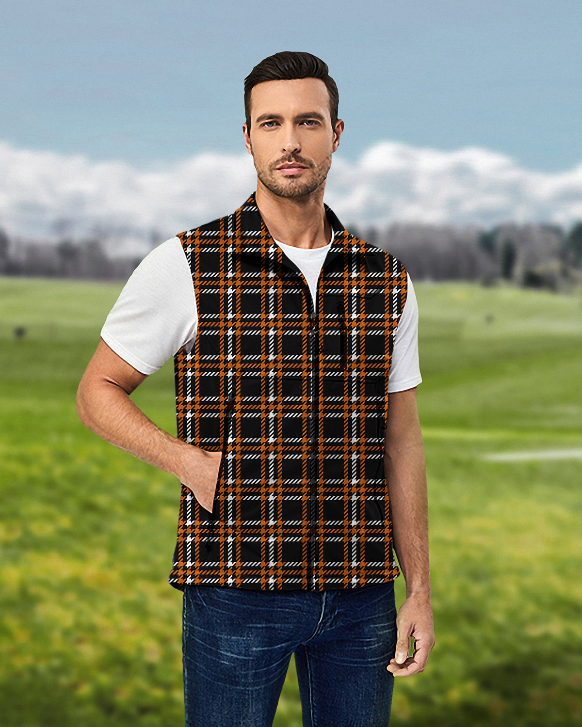 Men's Halloween black yellow white grid Lightweight Softshell Vest Sleeveless Jacket for Golf Windproof Waterproof