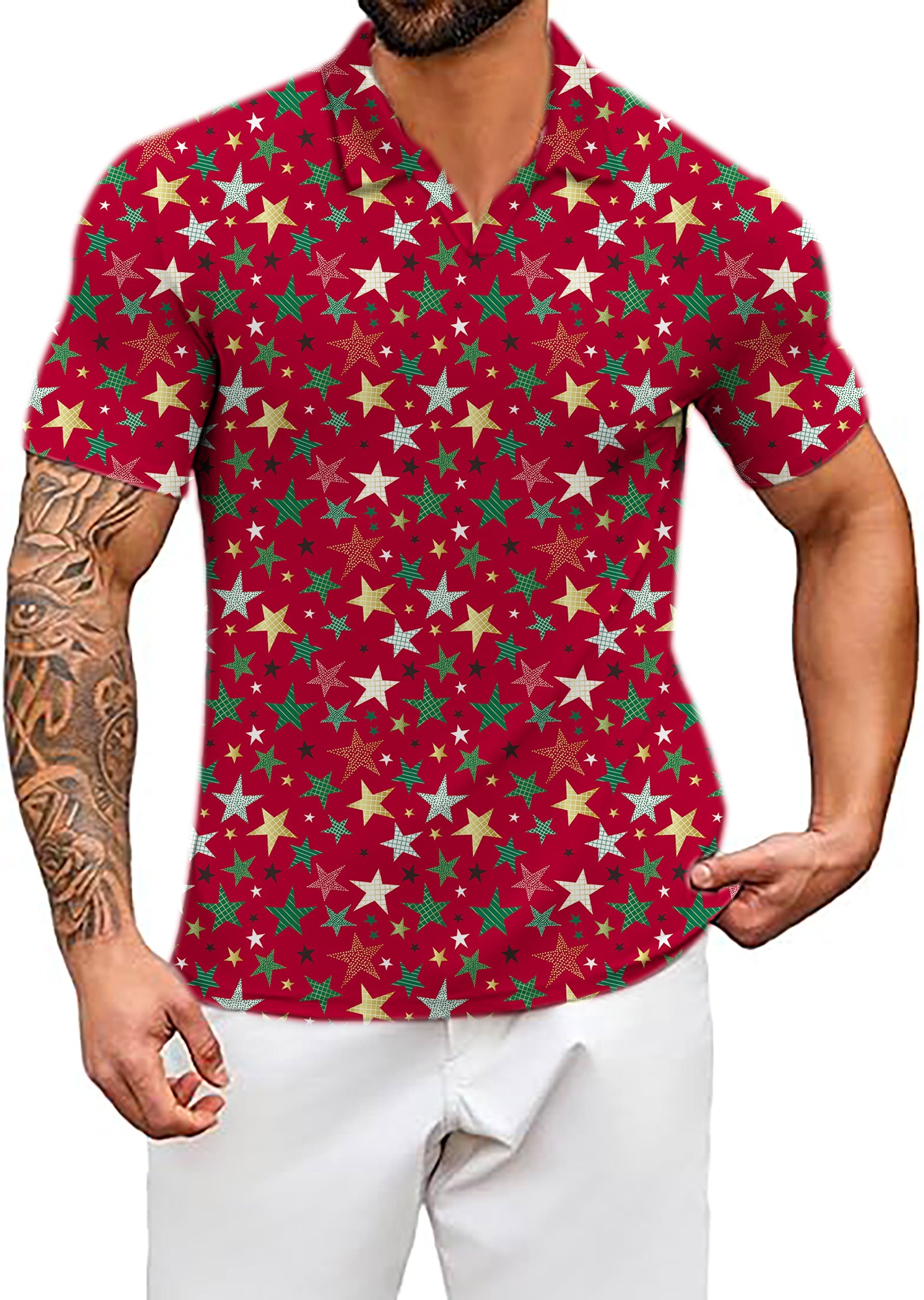 Men's Coconut Palm stylish red shirt with colorful star pattern and classic fit