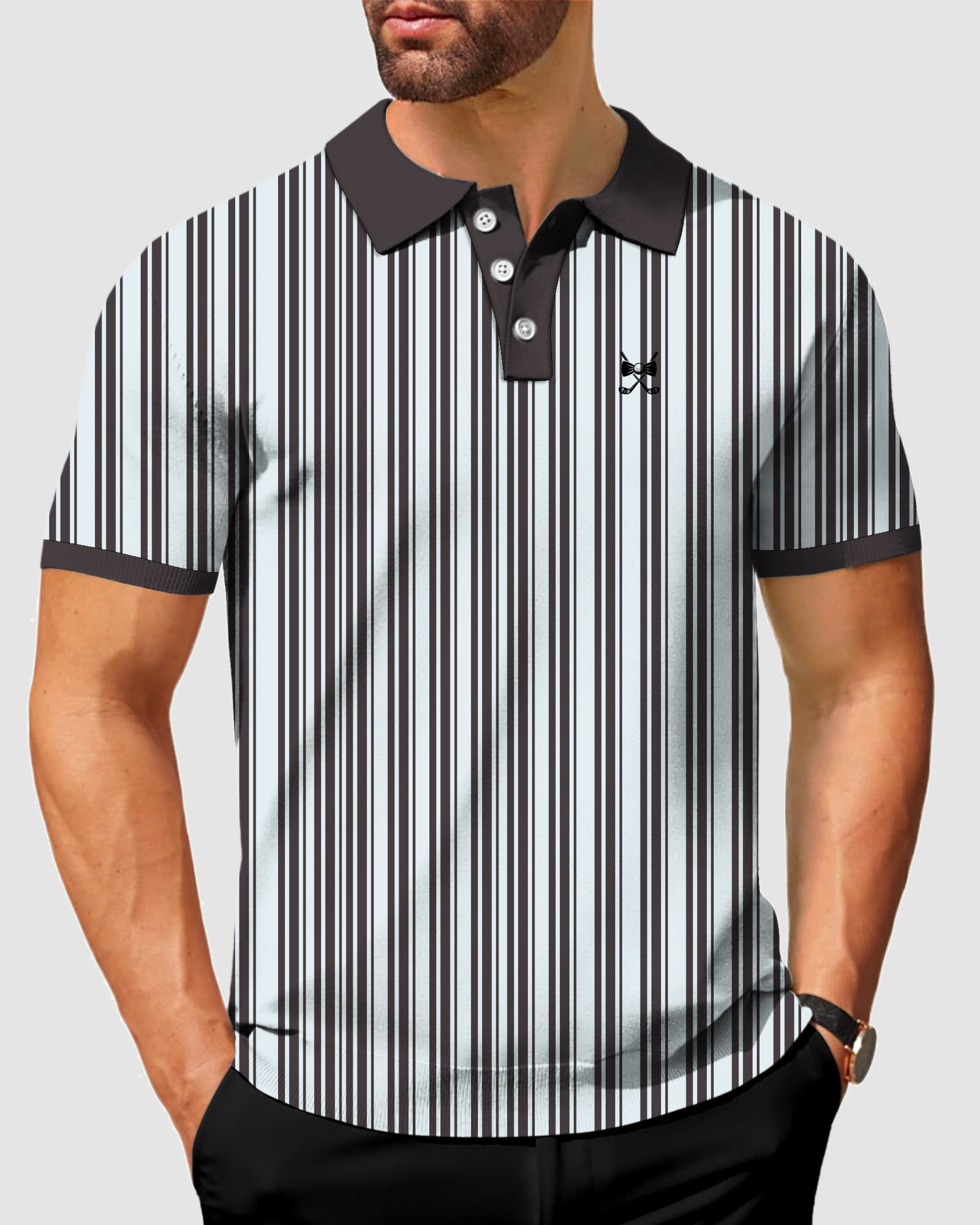 Men's Black Vertical Stripes Golf Polo