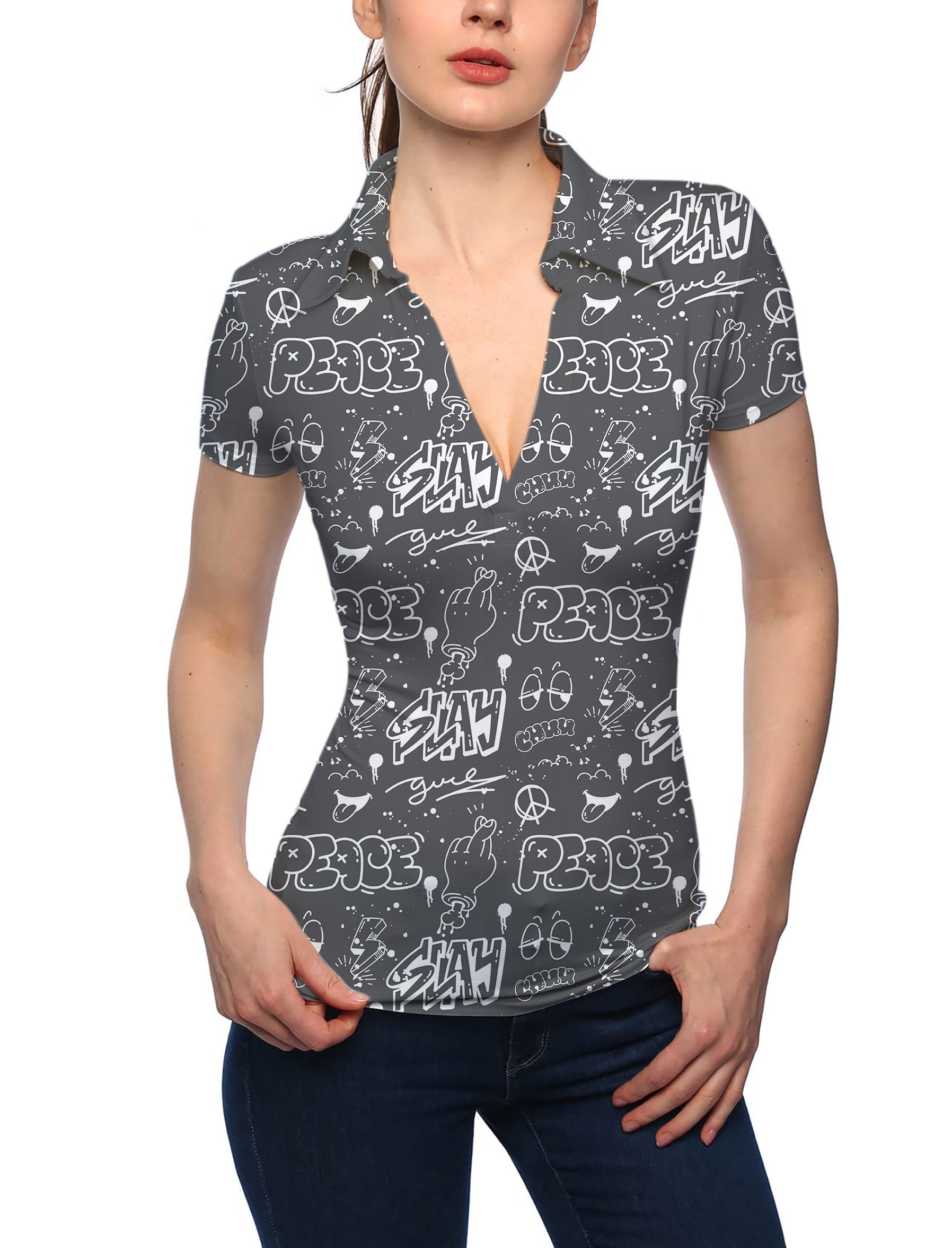 Women's Gray Slay Peace V Neck Golf Polo