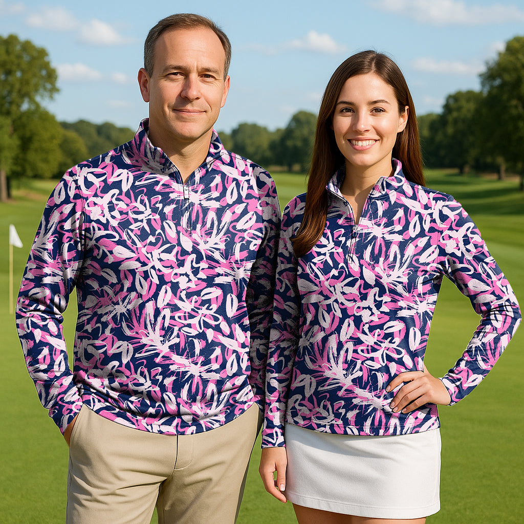 Couple wearing Draw Flowers Couple Golf active 3/4 zip tops with long sleeves on a golf course