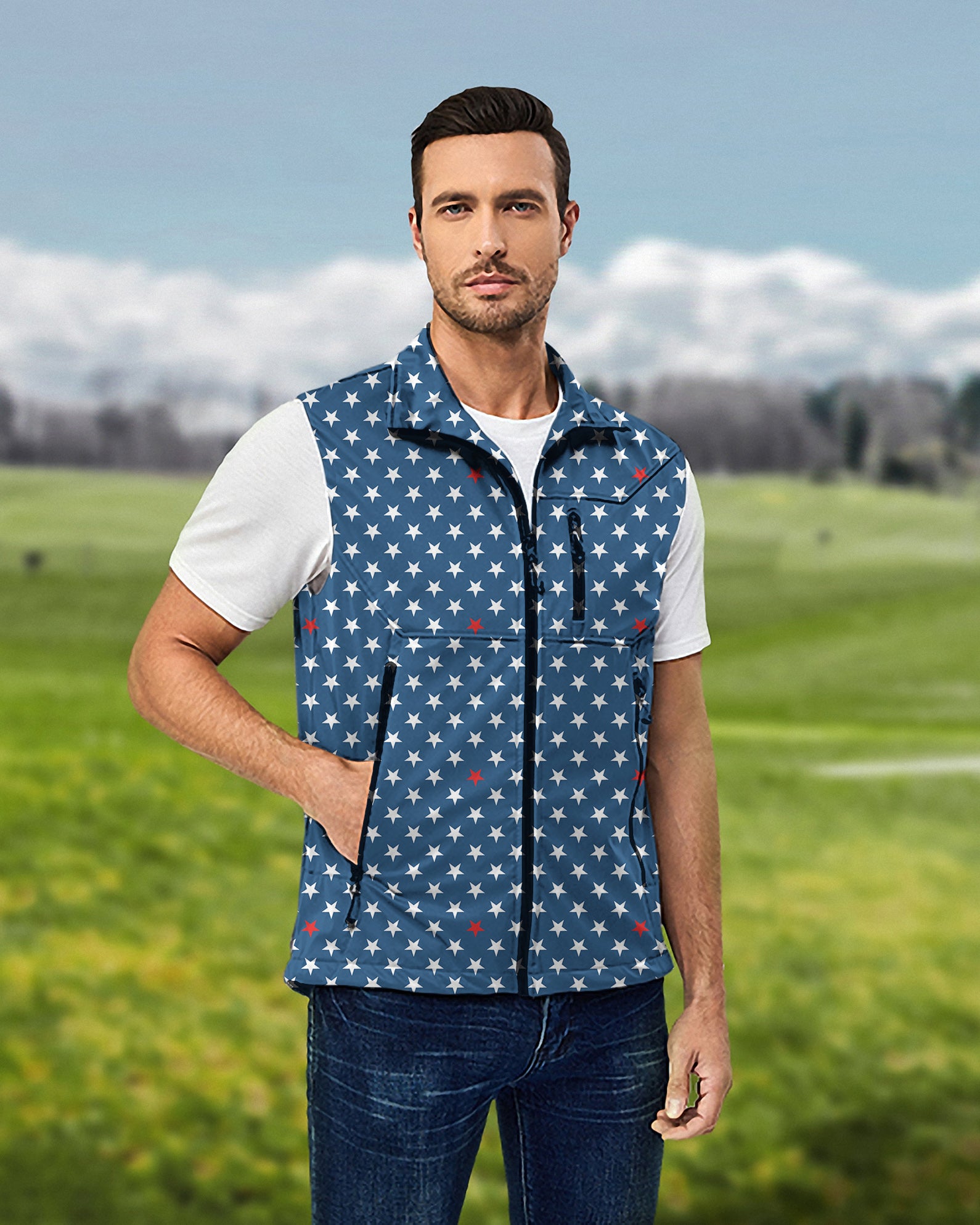 Men's Proud Stars Lightweight Softshell Vest Sleeveless Jacket for Golf Windproof Waterproof