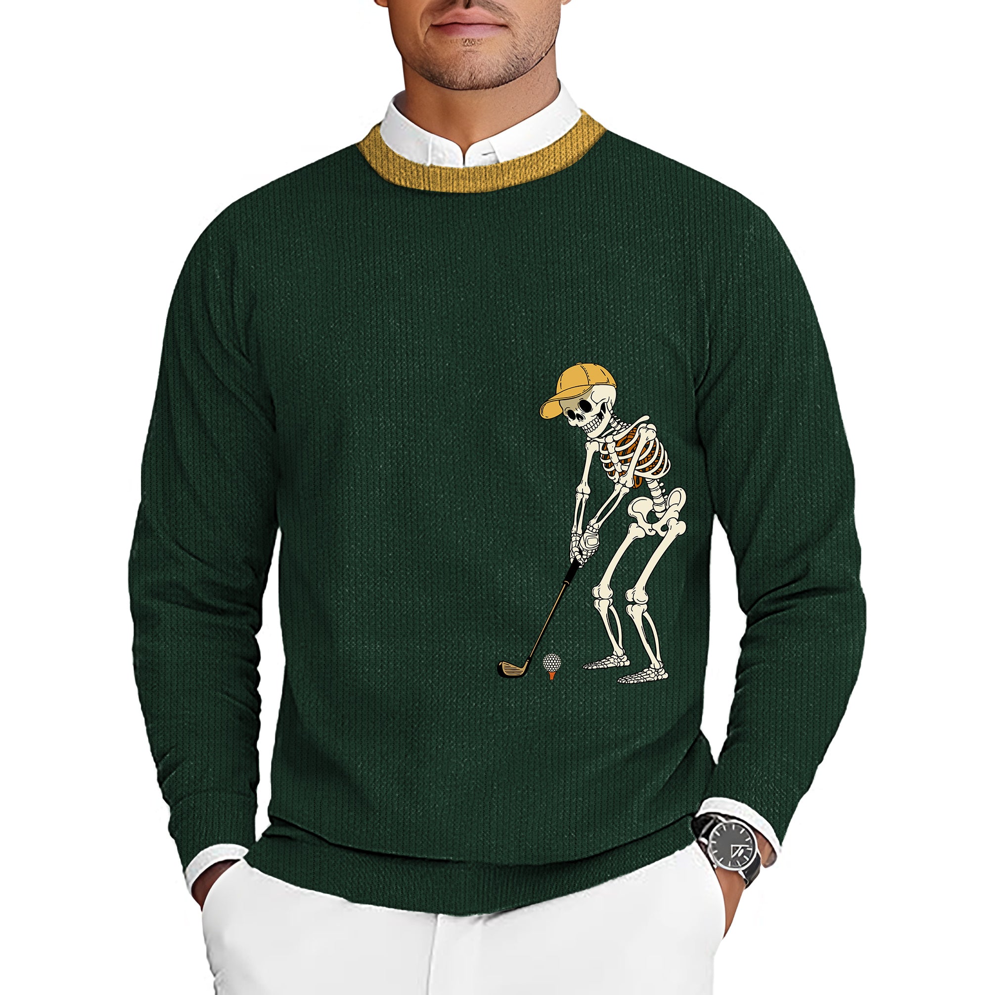 Yellow Green Halloween Skeleton Golf Men's Golf Crewneck Pullover Sweaters Ugly Sweater