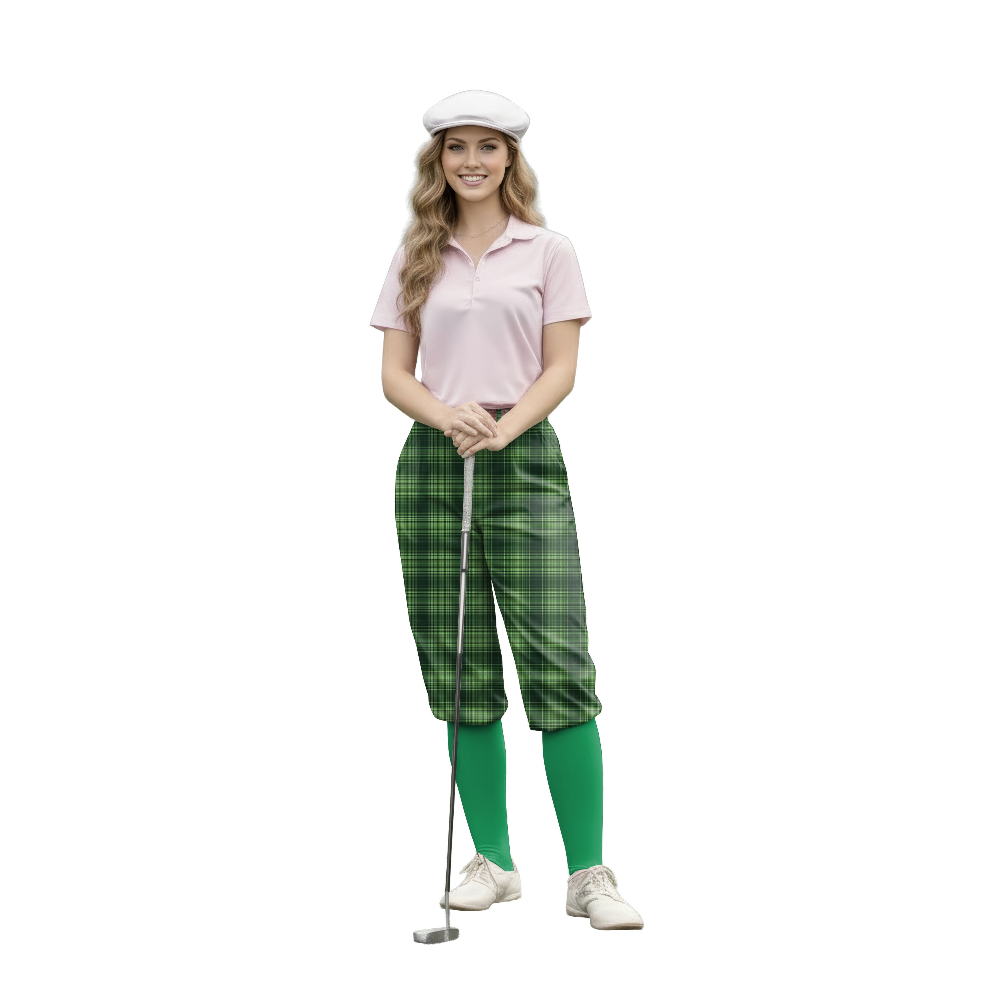 woman wearing green grid womens golf knickers with green socks and pink polo shirt holding golf club