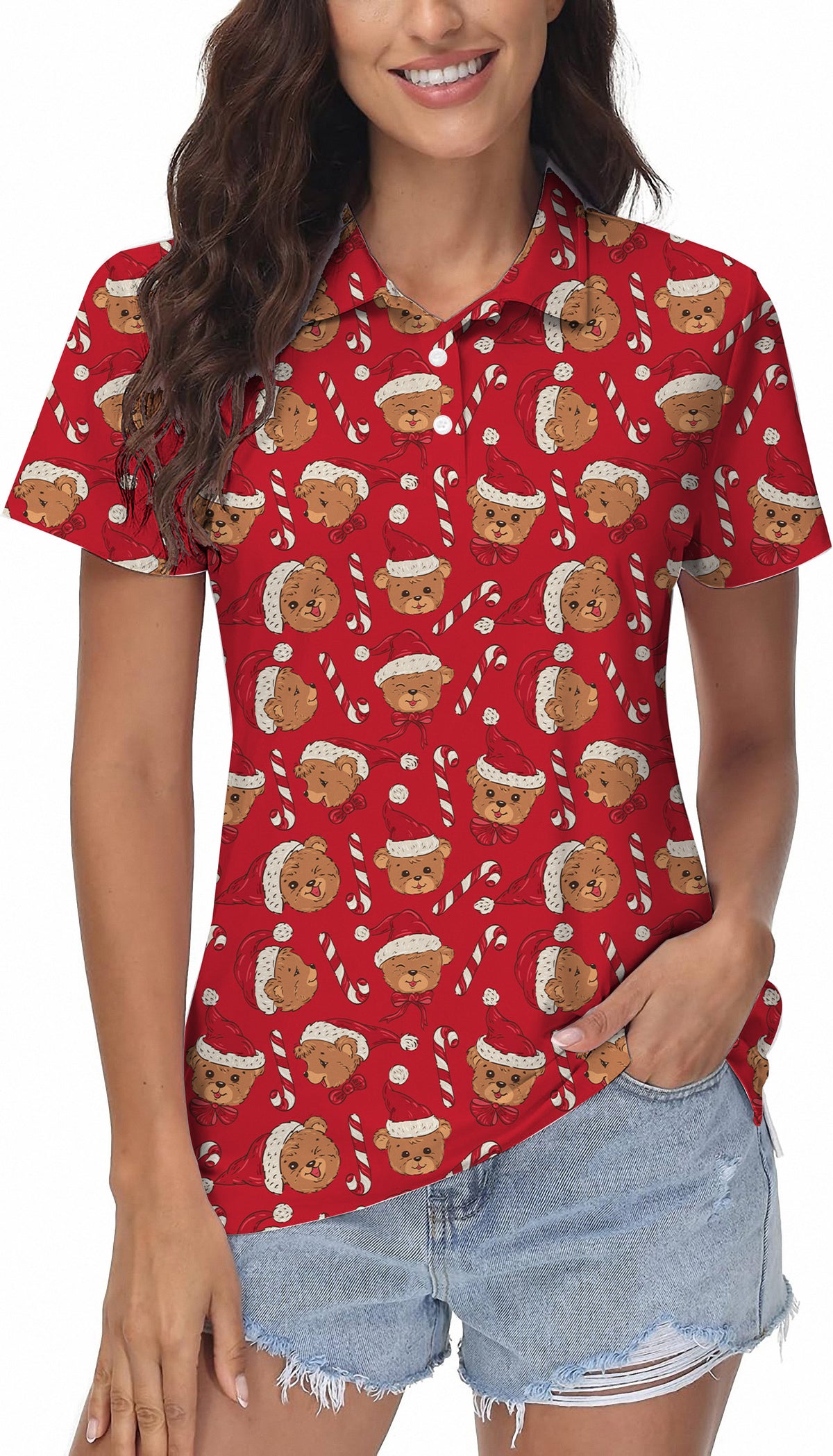 Red Christmas Teddy Bear Women's Golf Polo