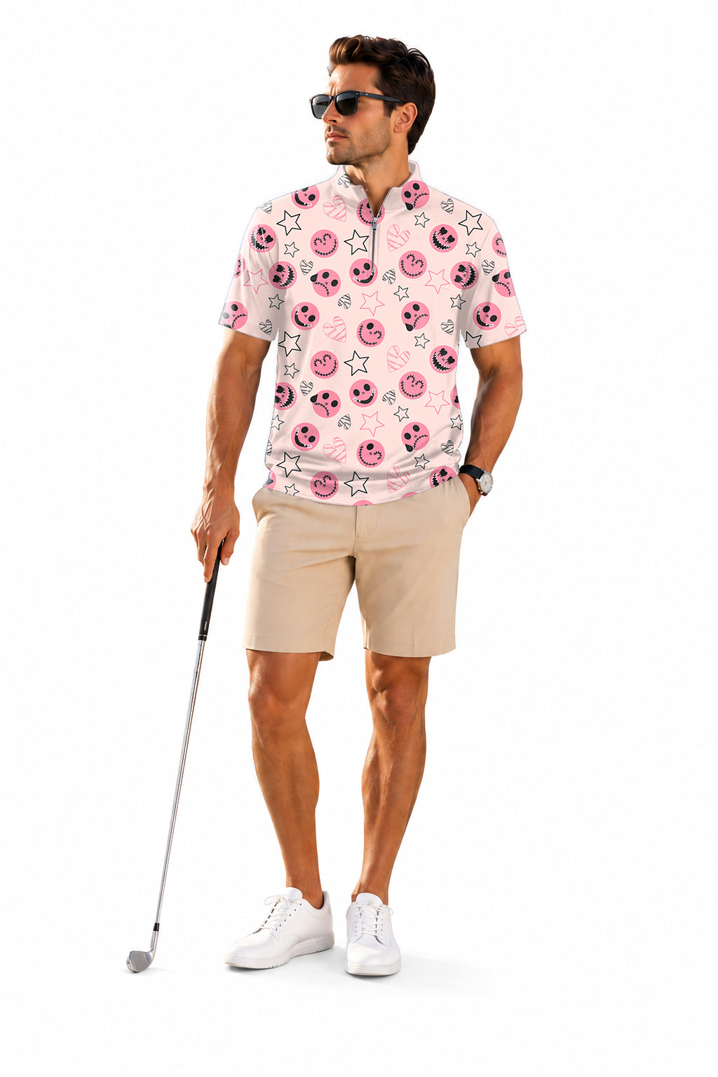 Men's Short Sleeve Quarter Zip Golf Pullover Halloween pink smiley face