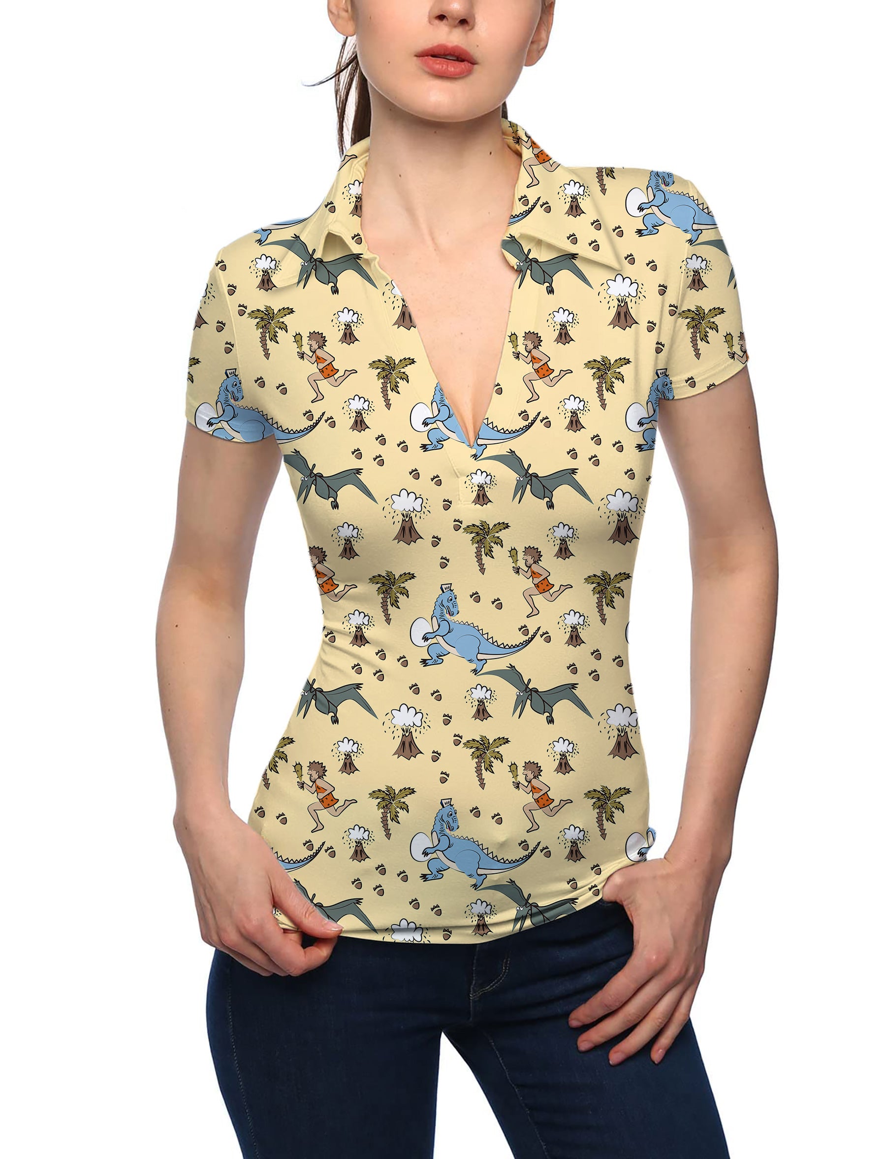 Women's dinosaur wild man volcano V Neck Golf Polo