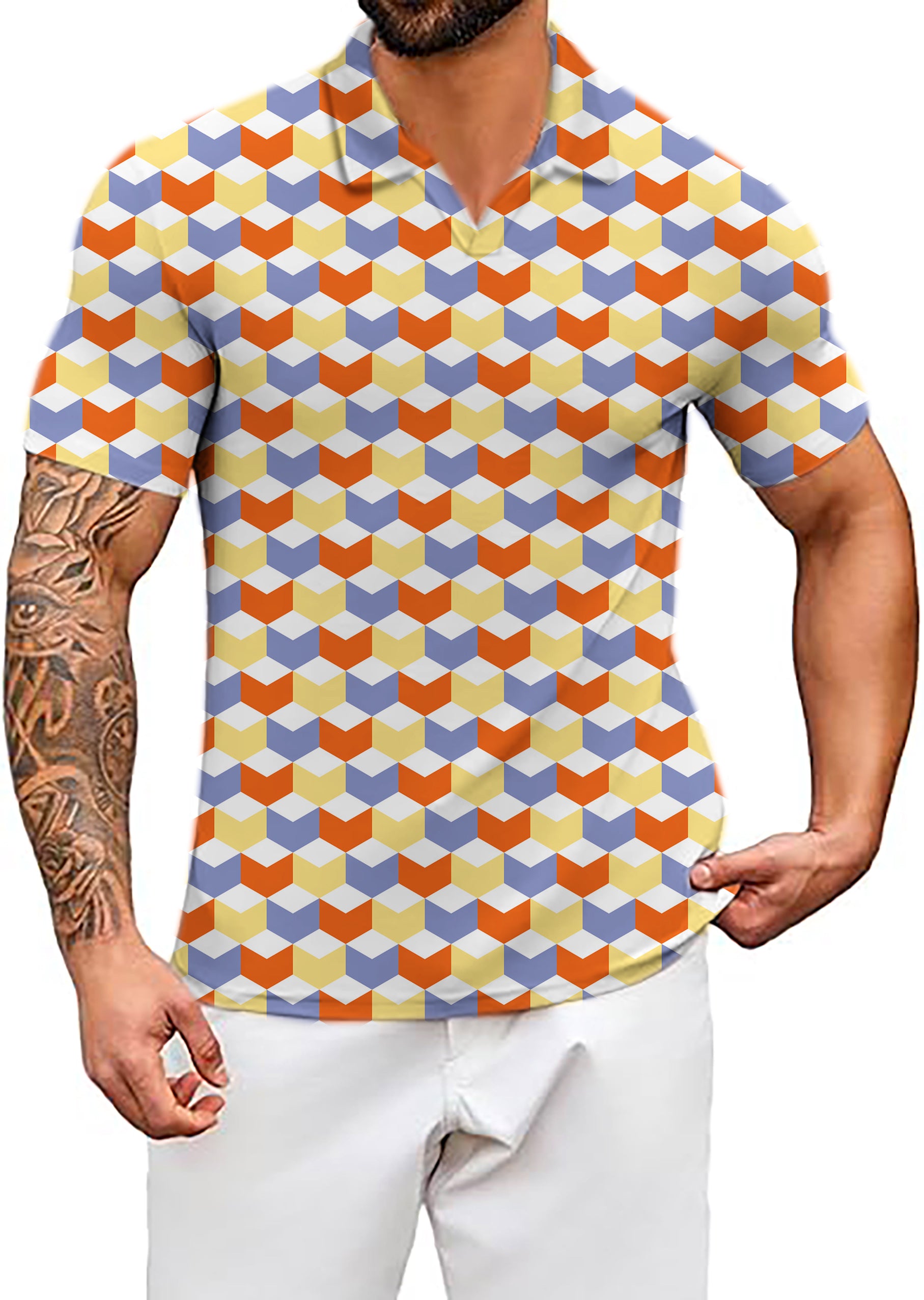Men's colorful 3d square box V Neck Golf Polo Shirts