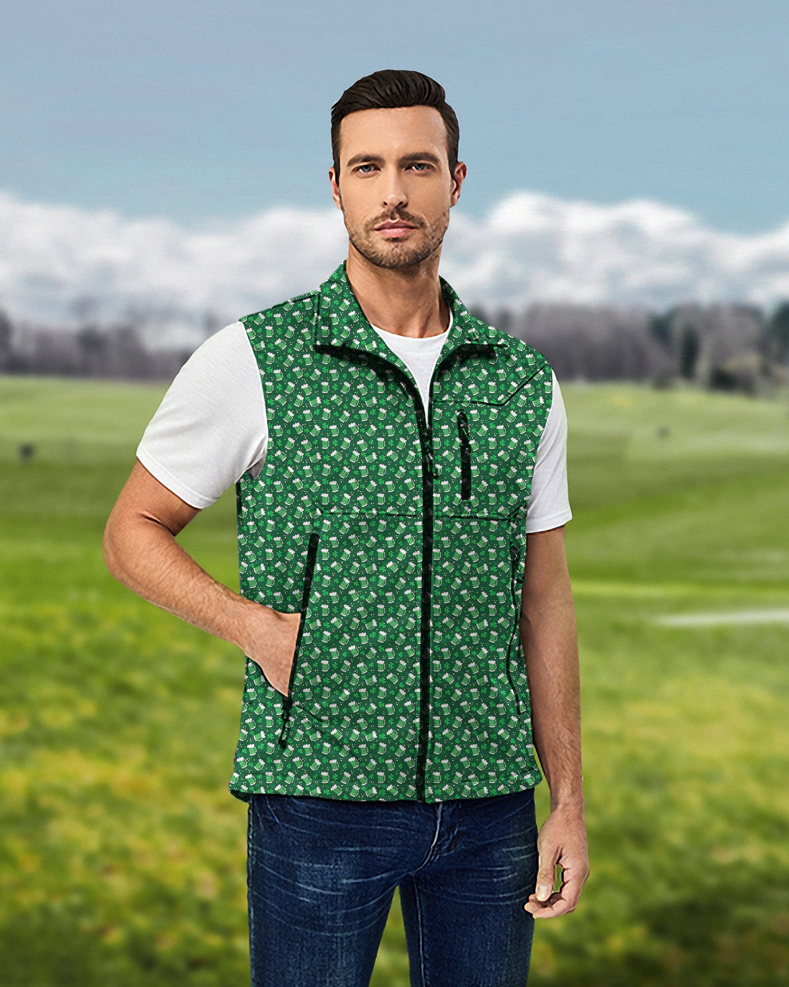 Men's Green beer clover leaf St. Patrick's Day Lightweight Softshell Vest Sleeveless Jacket for Golf Windproof Waterproof