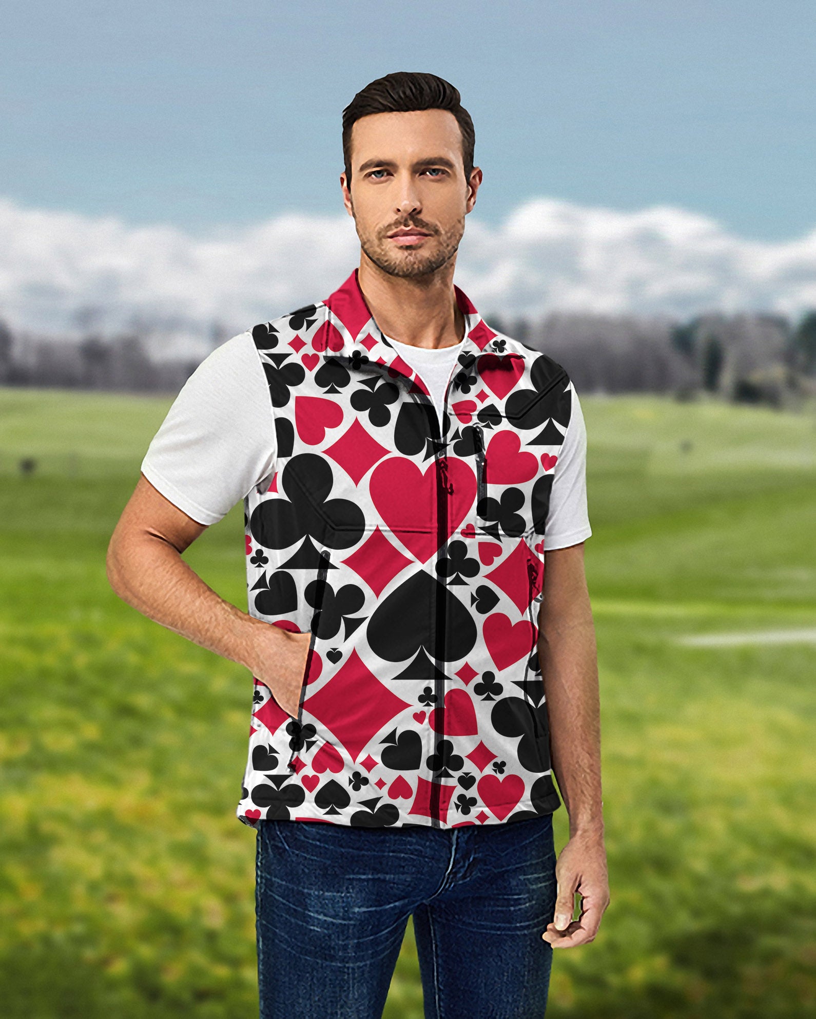 Men's Poker Lightweight Softshell Vest Sleeveless Jacket for Golf Windproof Waterproof