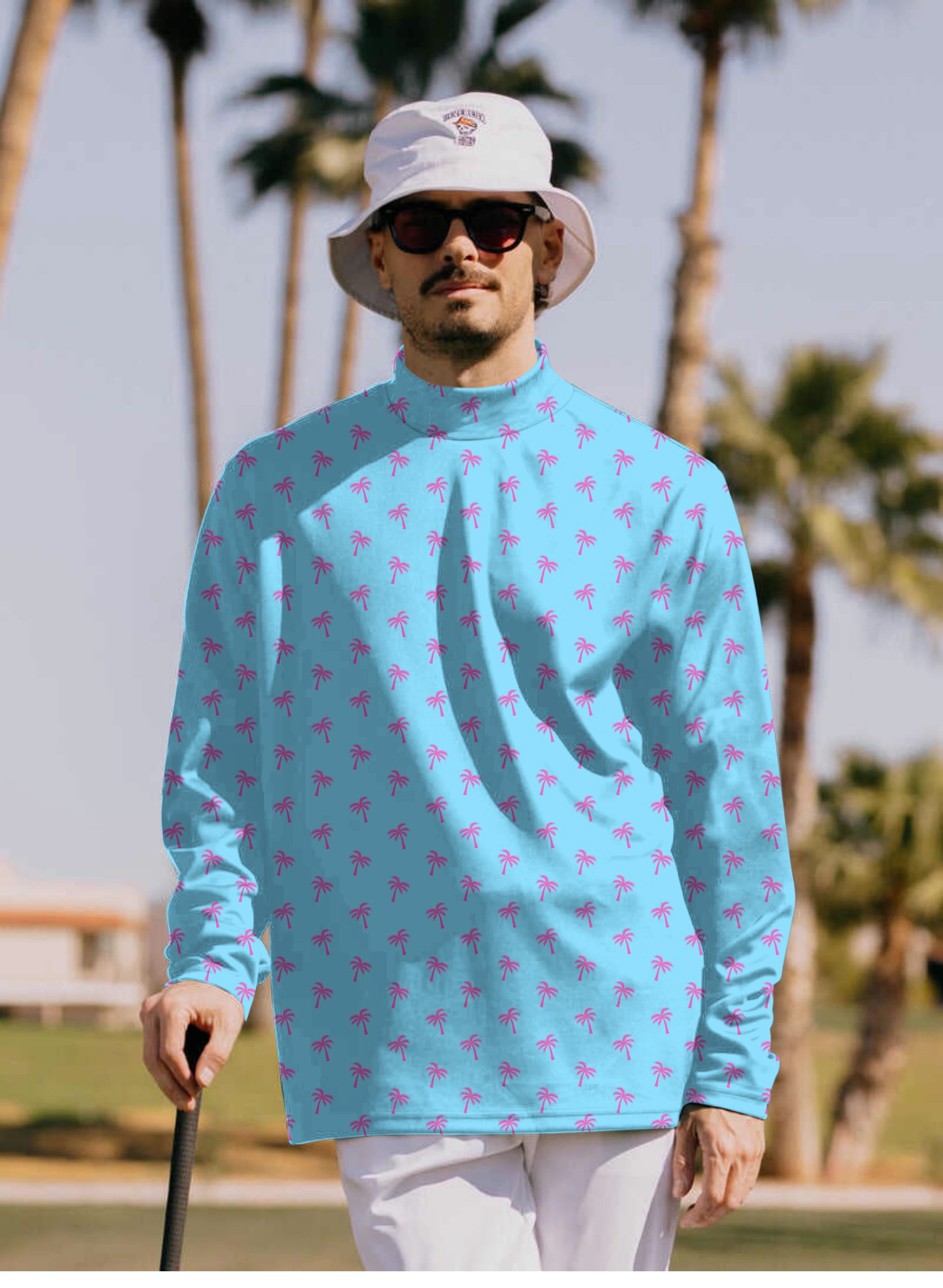 Men's Pink Palm Trees Pullover High neck Long/Short sleeve T-Shirt