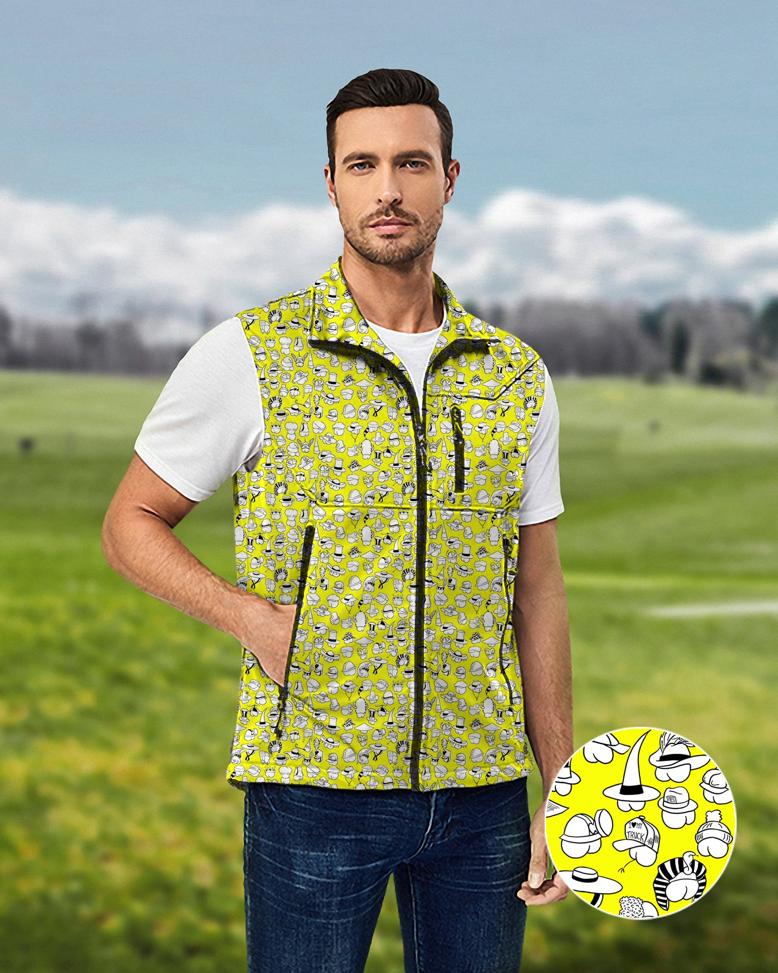 Men's Yellow Versatile Hips Designer style Lightweight Softshell Vest Sleeveless Jacket for Golf Windproof Waterproof