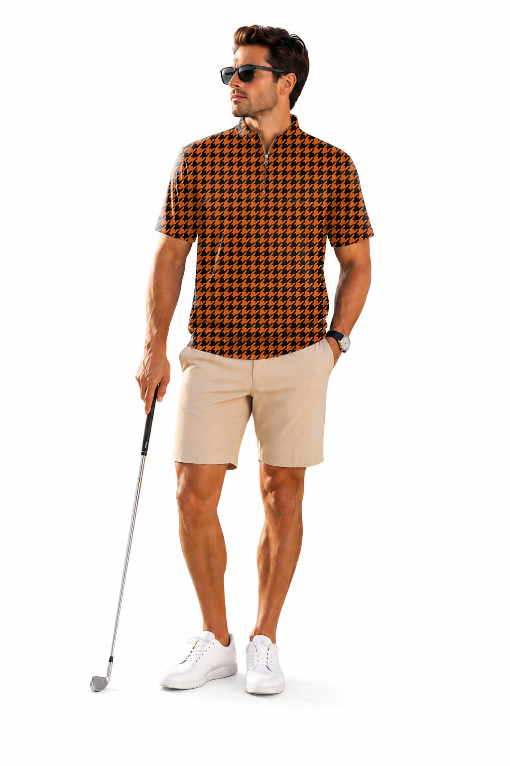 Men's Short Sleeve Quarter Zip Golf Pullover Halloween yellow and black houndstooth