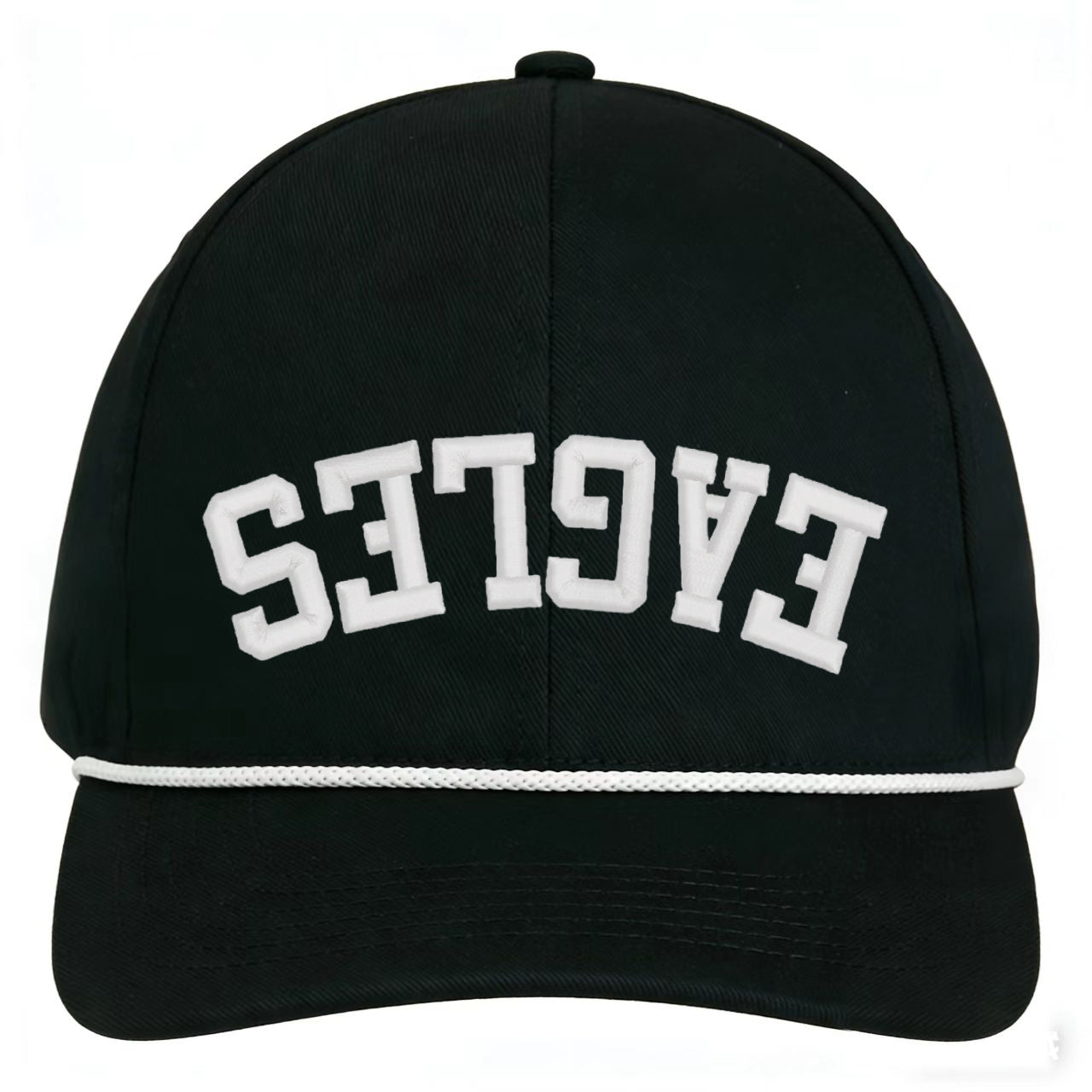 Custom embroidered black snapback hat with vintage inverted EAGLES text and adjustable fit