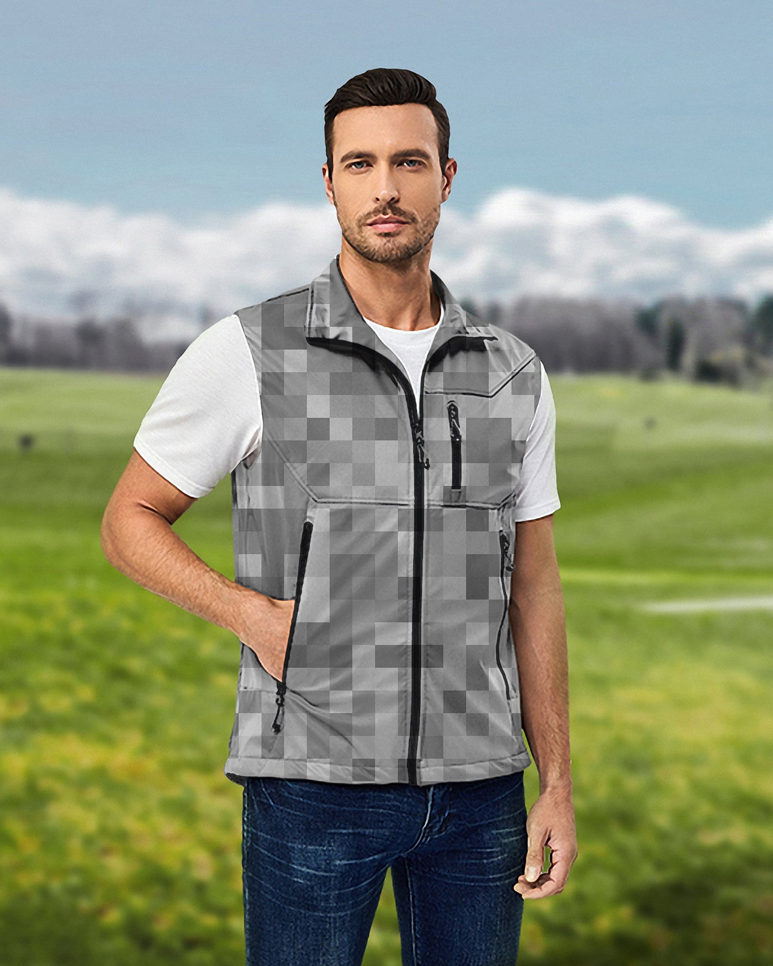 Men's Grey Pixel Big Lightweight Softshell Vest Sleeveless Jacket for Golf Windproof Waterproof