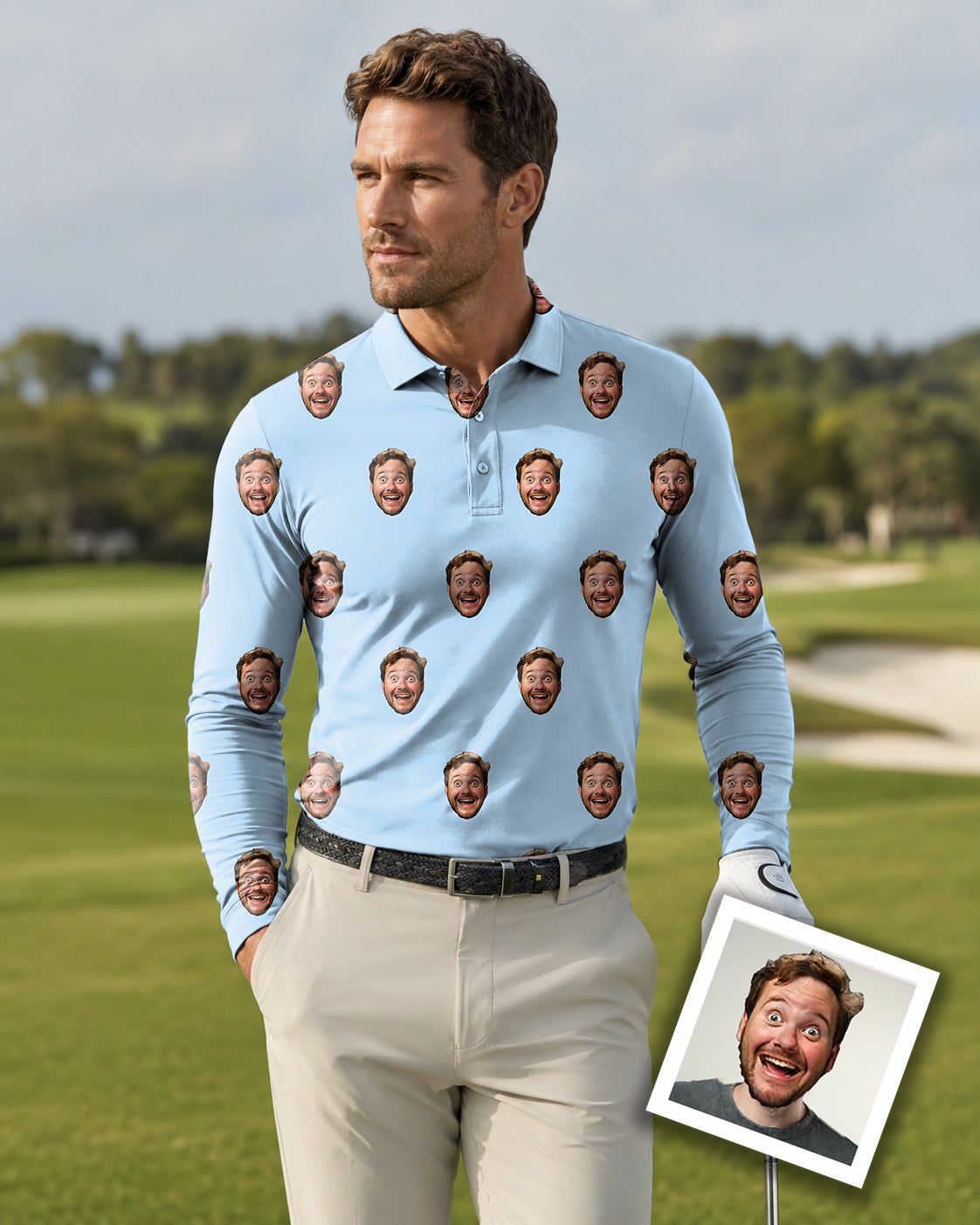 Men's Custom Photo Funny Face Long-sleeved Polo