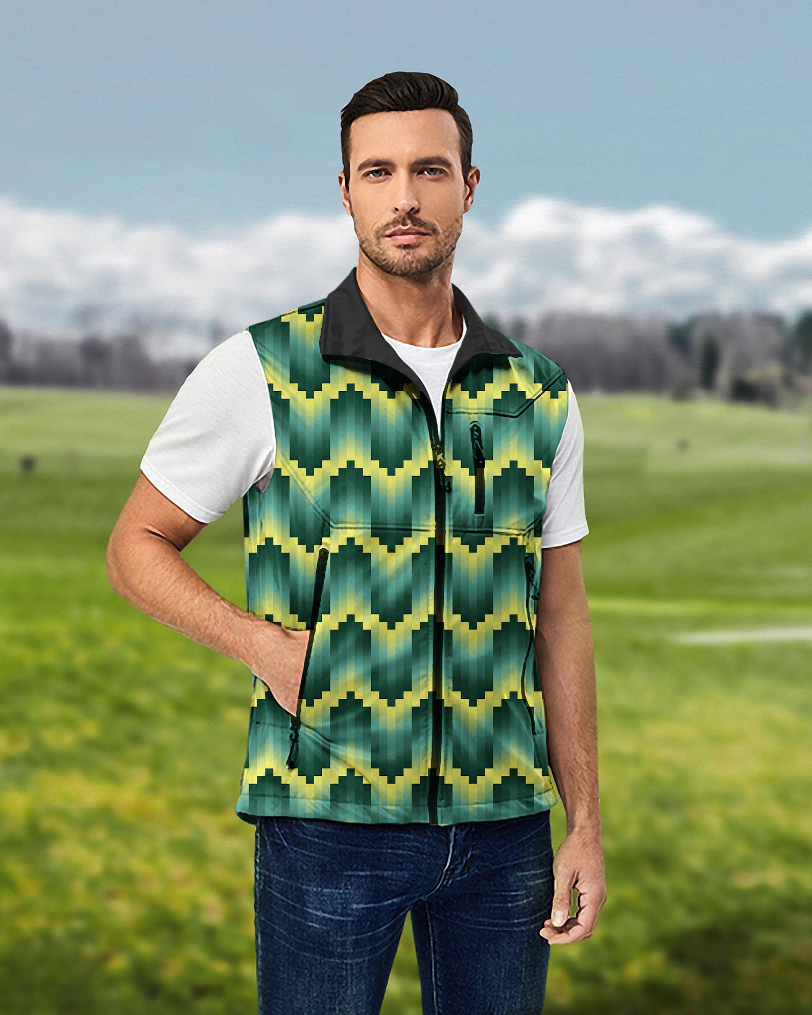 Men's Green Ripples Custom Sport Team Competition Uniforms Lightweight Softshell Vest Sleeveless Jacket for Golf Windproof Waterproof