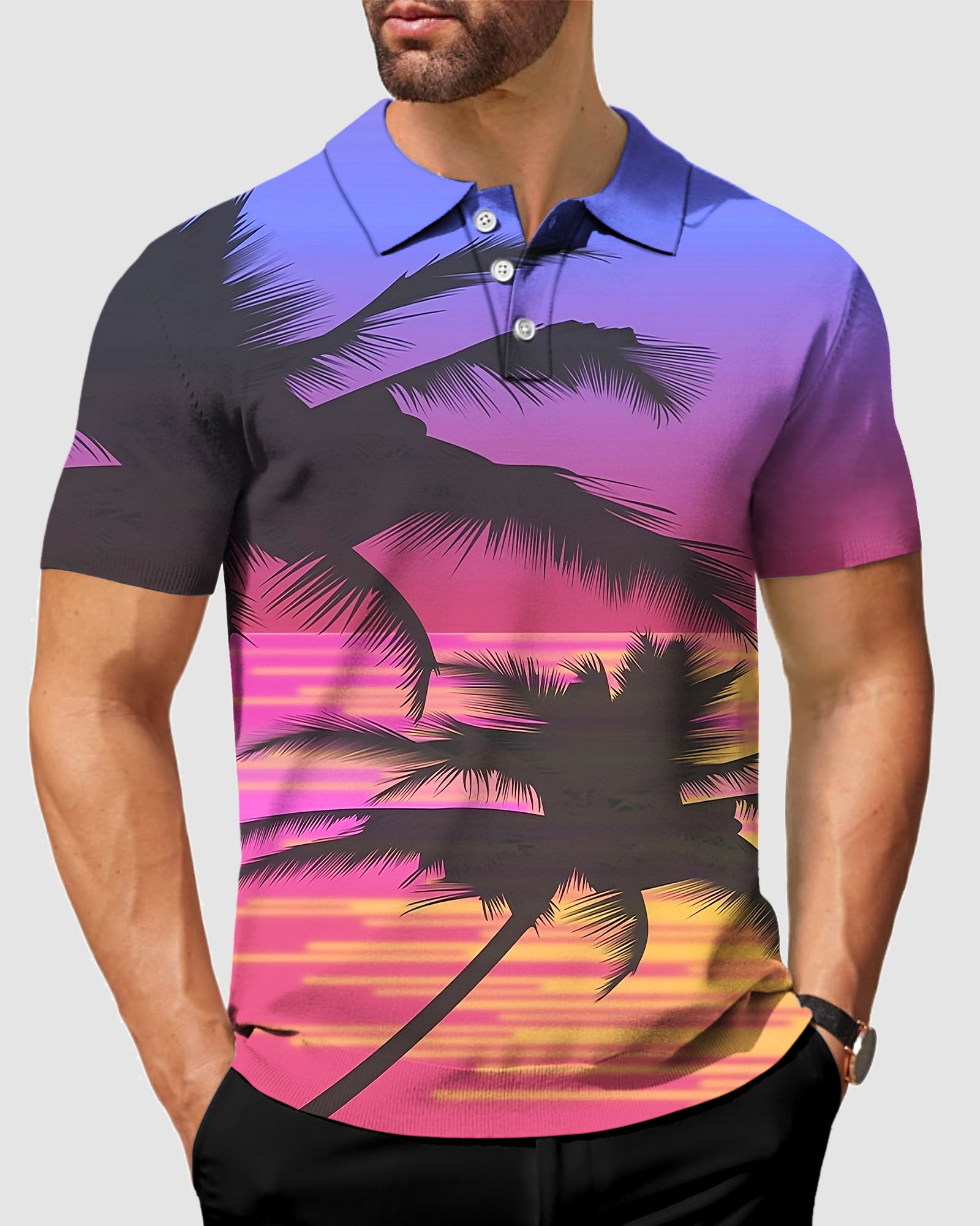 Men's Red Sunset Palm Tree Polo