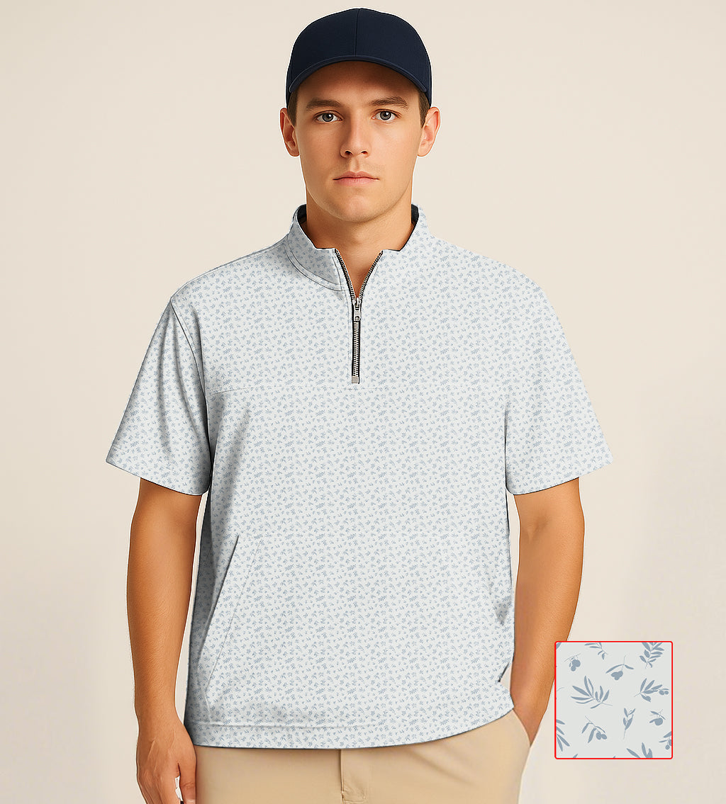 Men's half zipper turtleneck golf shirt with leaves and fruits embroidery in light color