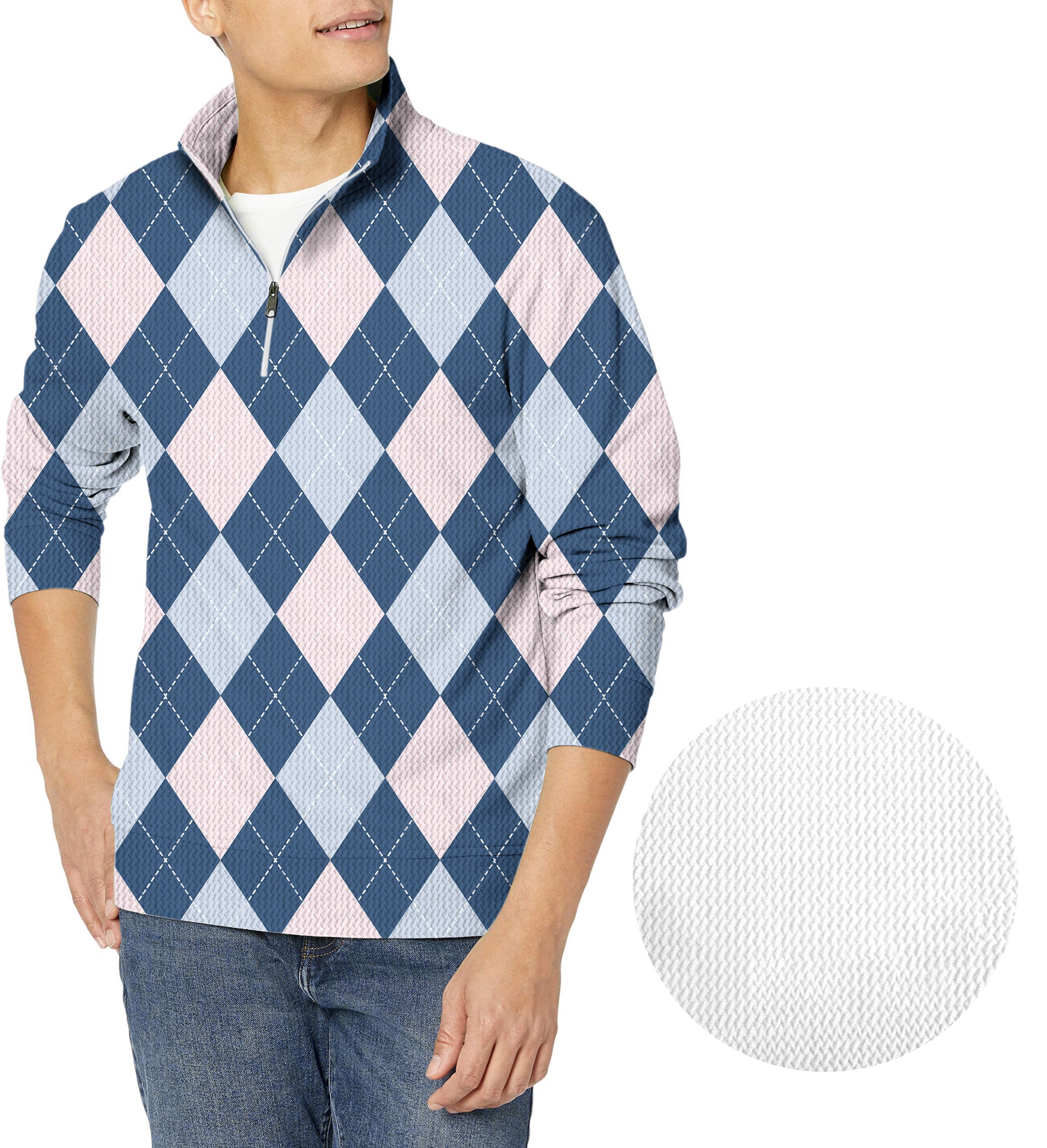 blue Argyle-Men's Golf Waffle Zipper Pullover