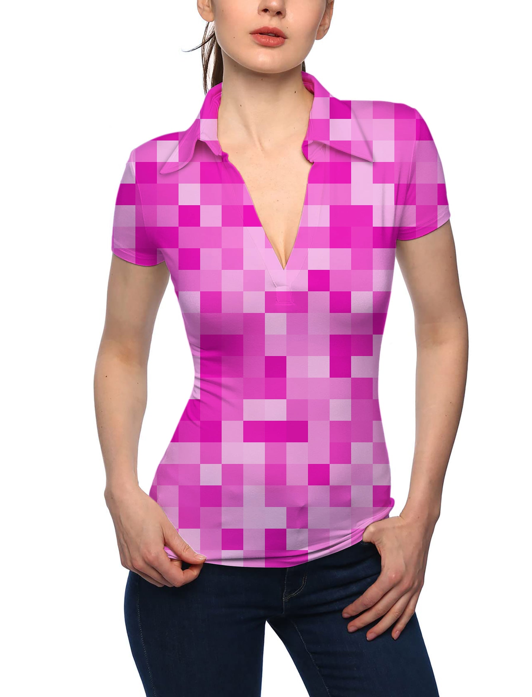 Women's Rose Red Pixel Big V Neck Golf Polo