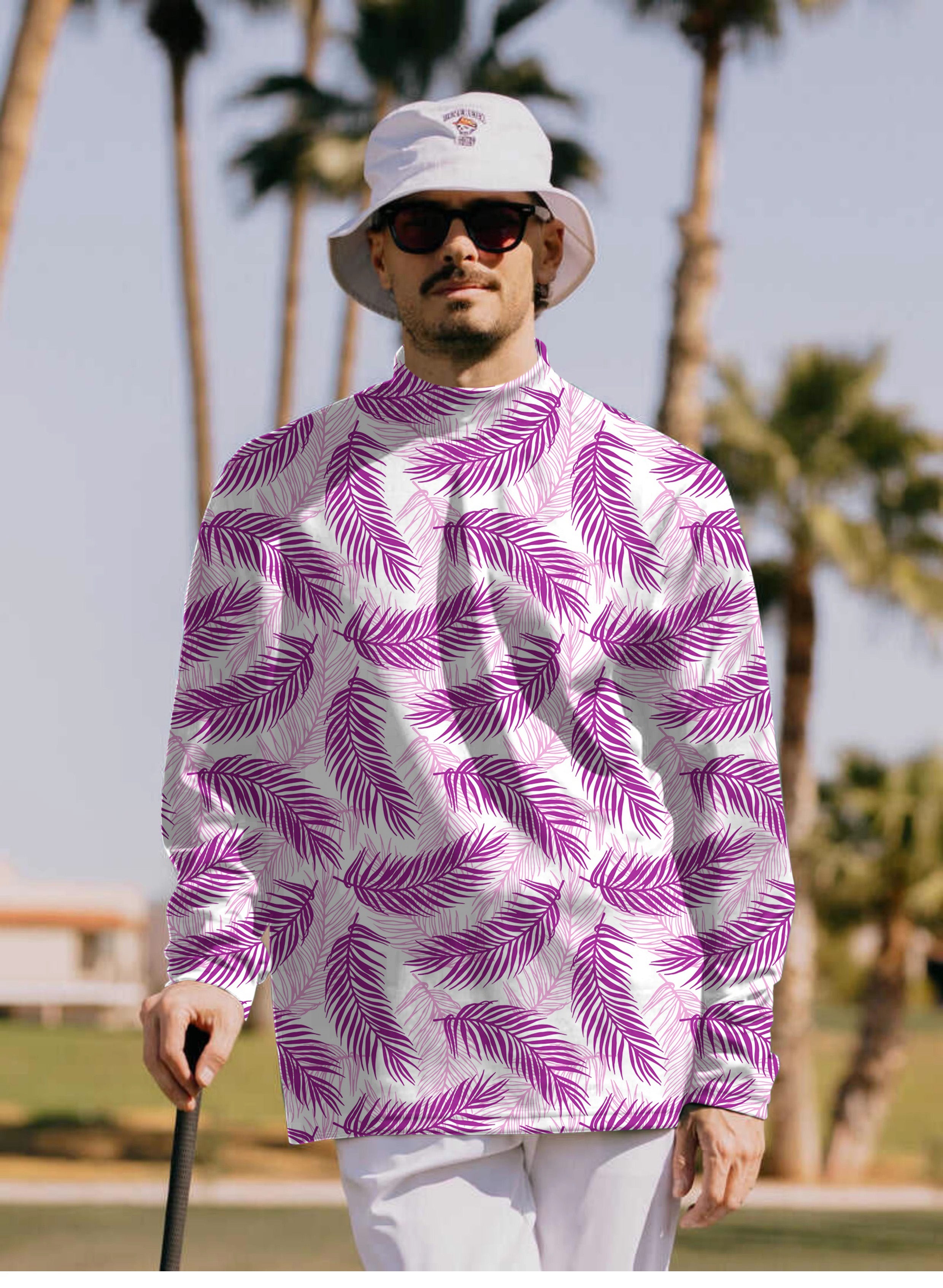 Men's Purple Palms Pullover High neck Long/Short sleeve T-Shirt