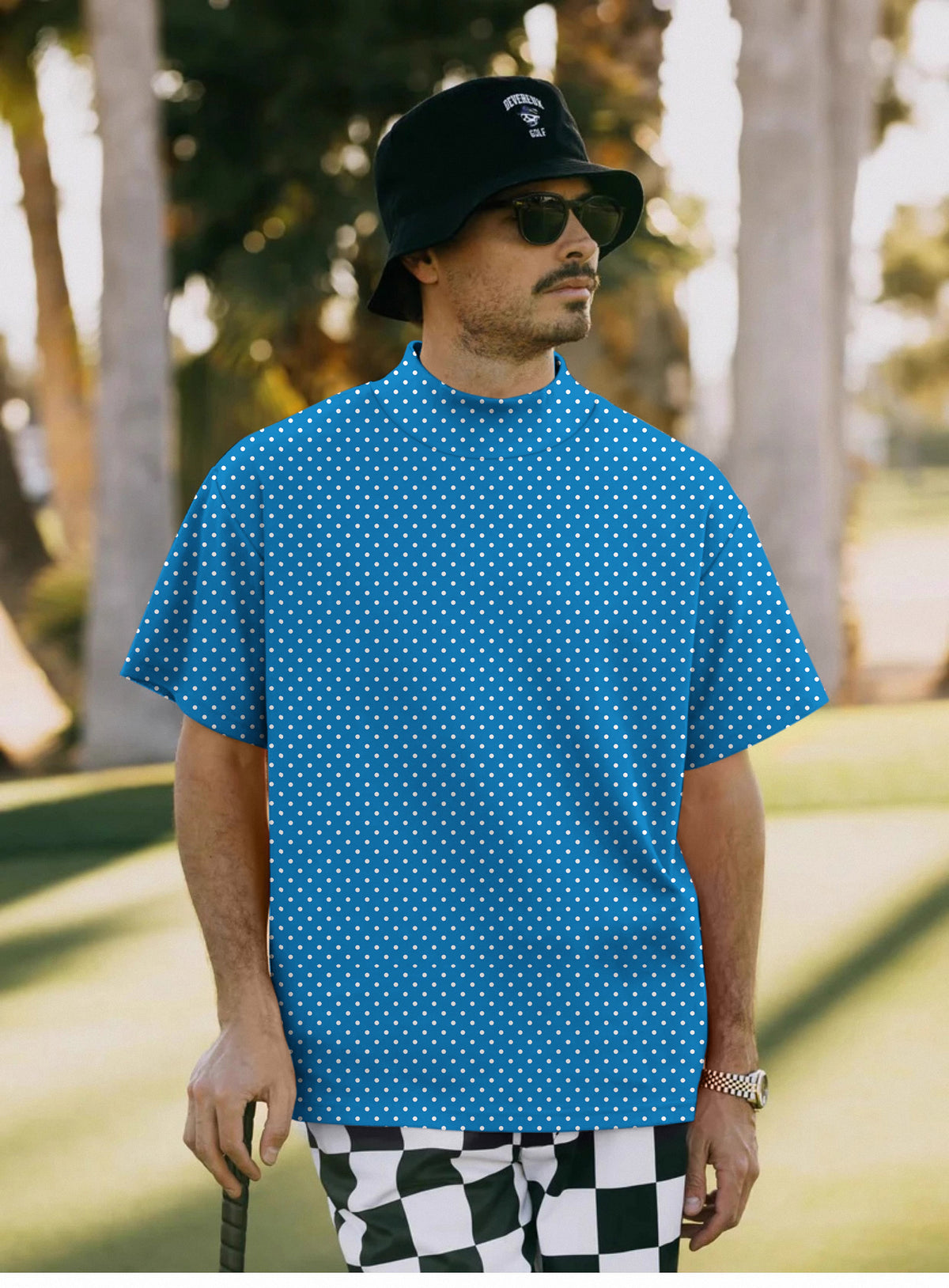 Men's Sky blue with white polka dots Mock Neck Long/Short Sleeve Golf Tops