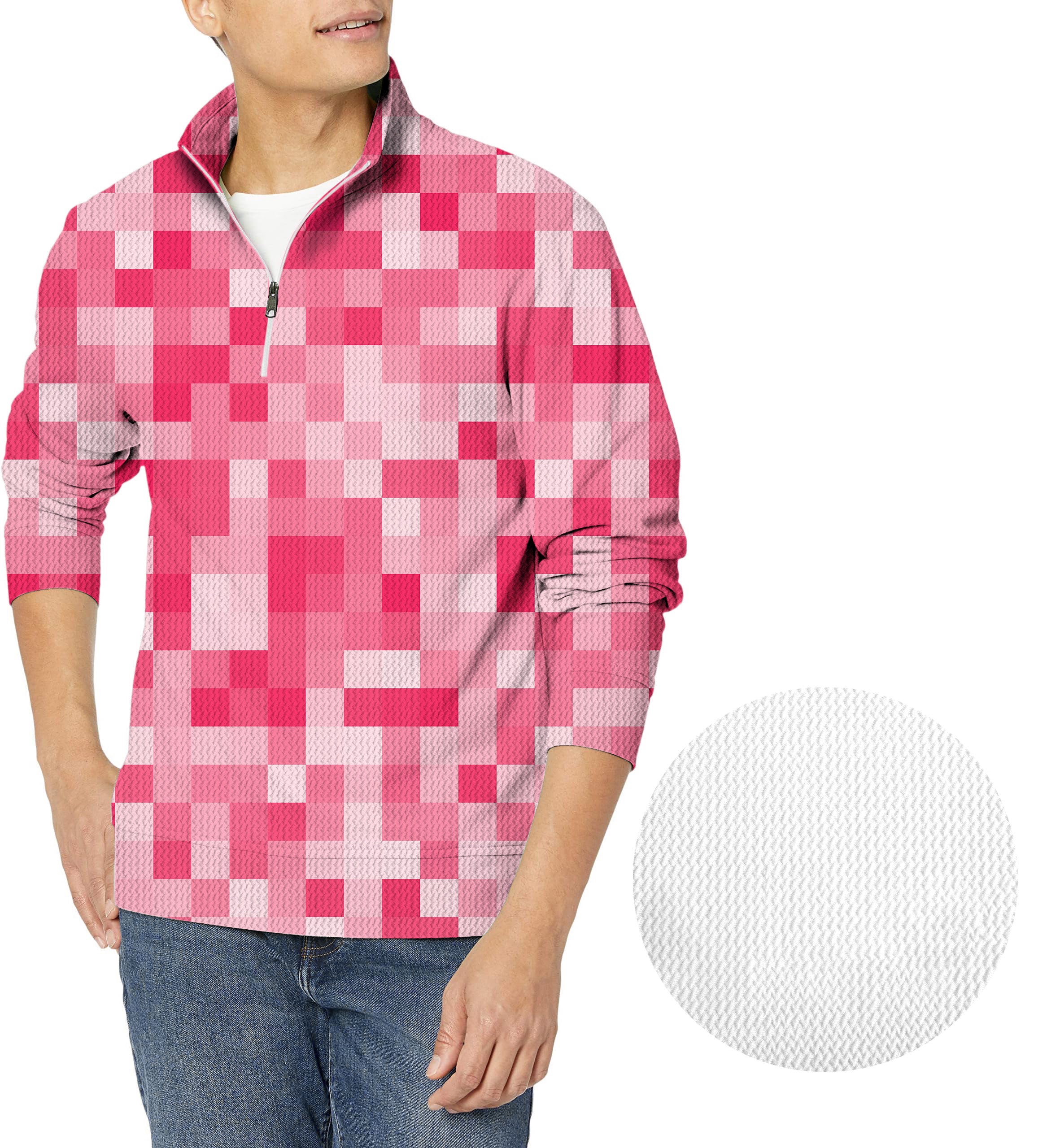 Light Red Pixel Big Men's Golf Waffle Zipper Pullover