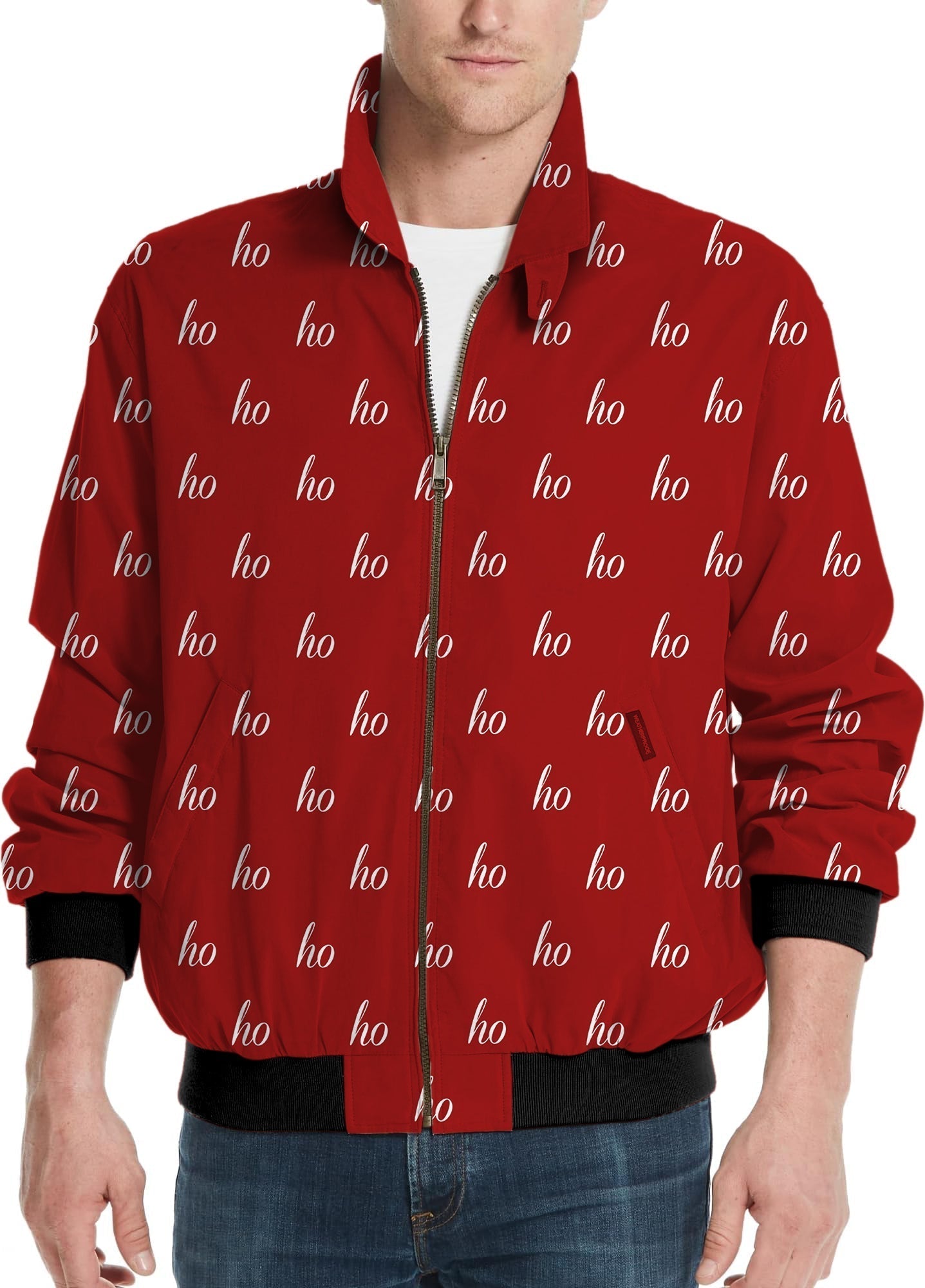 Red custom name men's Christmas golf windbreaker jacket with zipper and black cuffs
