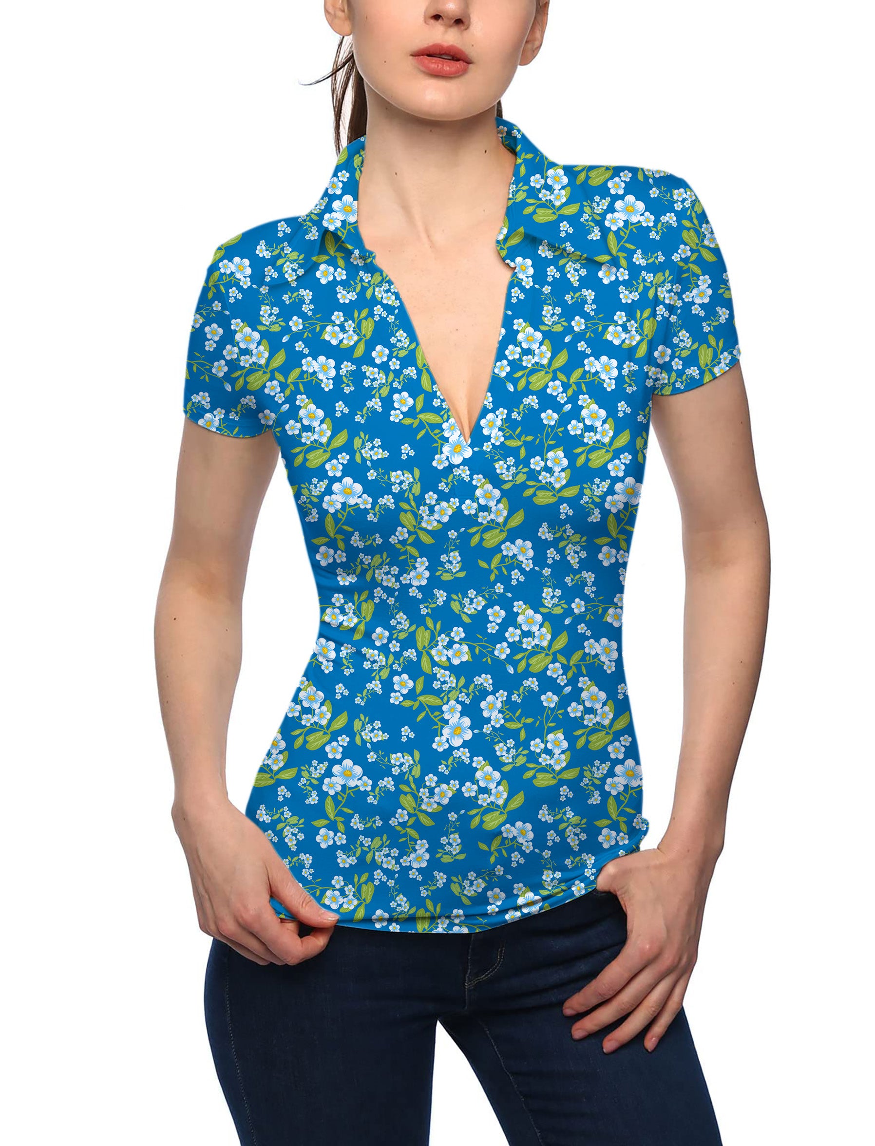 Women's Blue Daisy V Neck Golf Polo