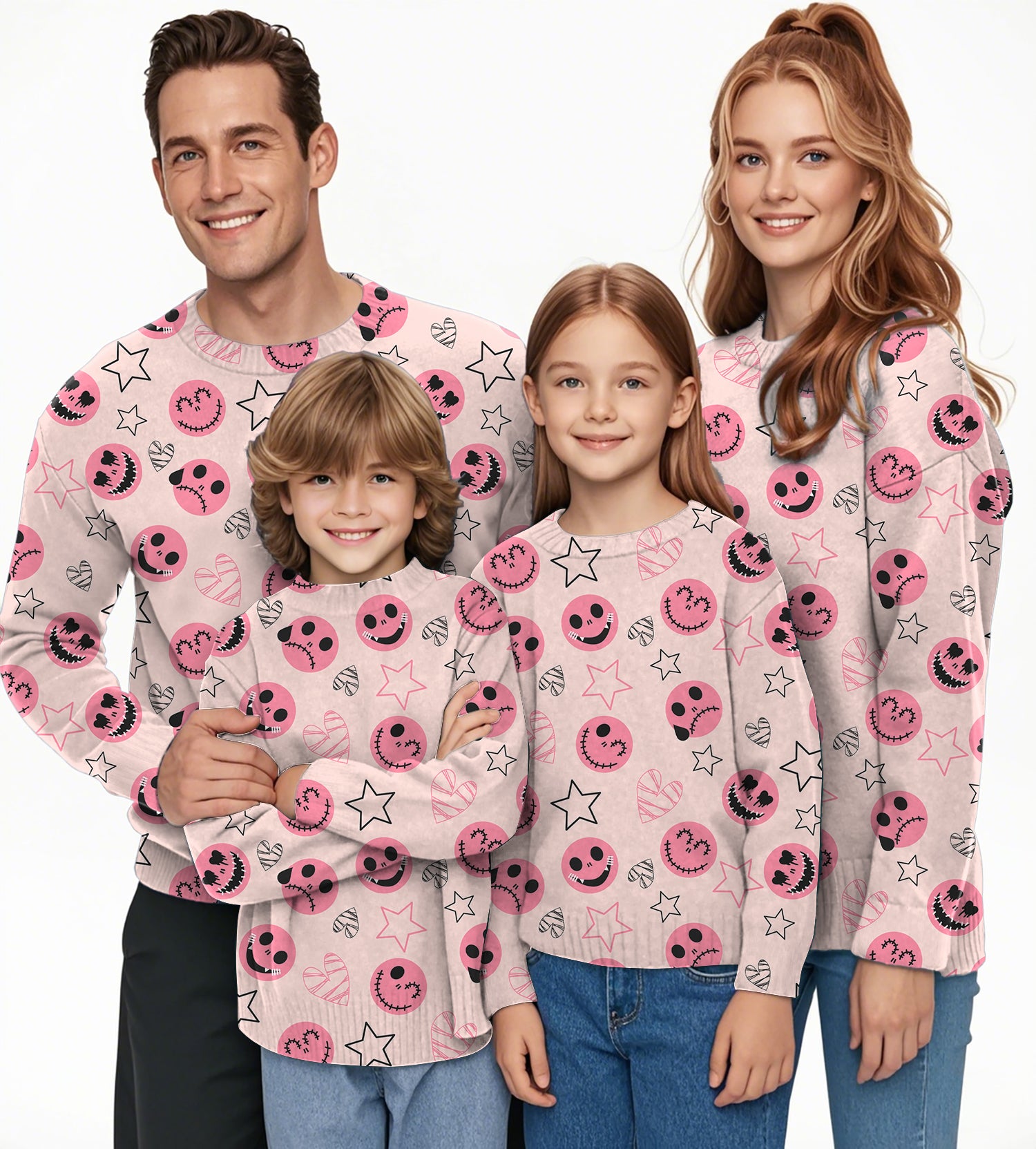 Halloween pink smiley face Crewneck Pullover Ugly Sweater Men Women boy girl family