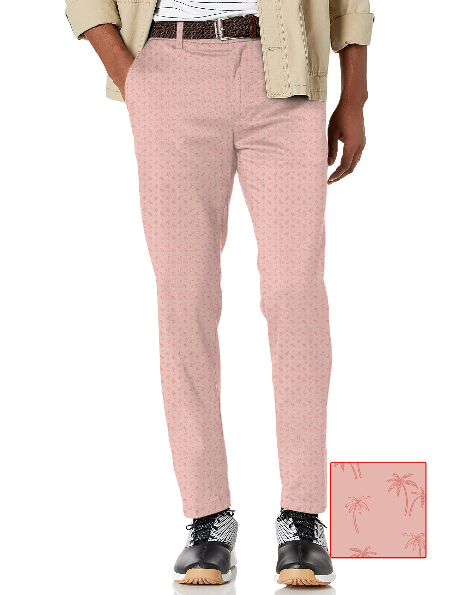 Men's pink coconut trees stretch golf pants with moisture-wicking fabric and active waistband