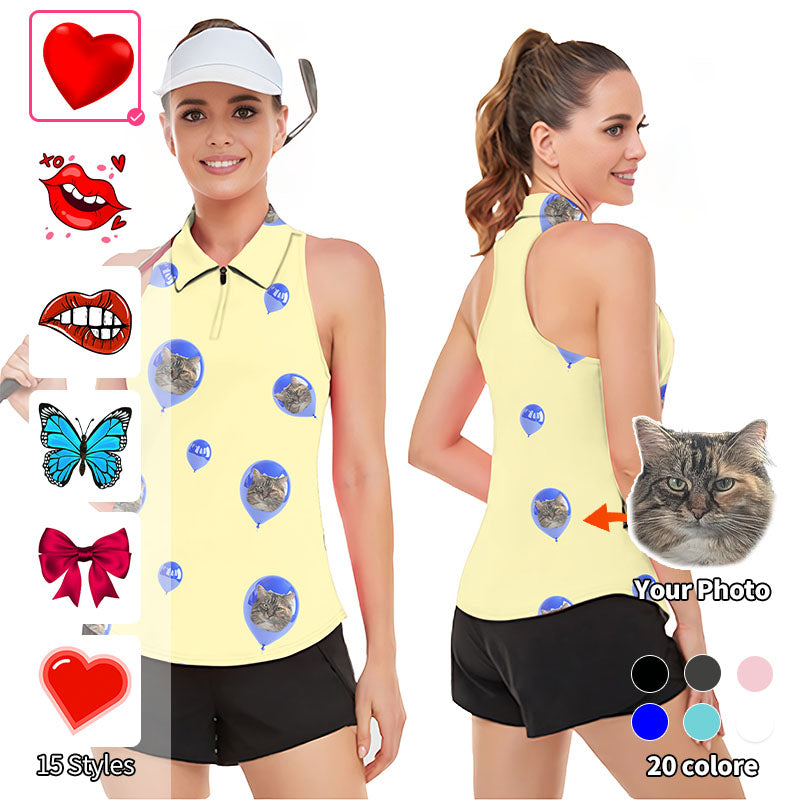 Valentine's Day Custom Photo Face Custom Color Yellow Love Women’s Sleeveless Golf Tank Top Shirt Polo