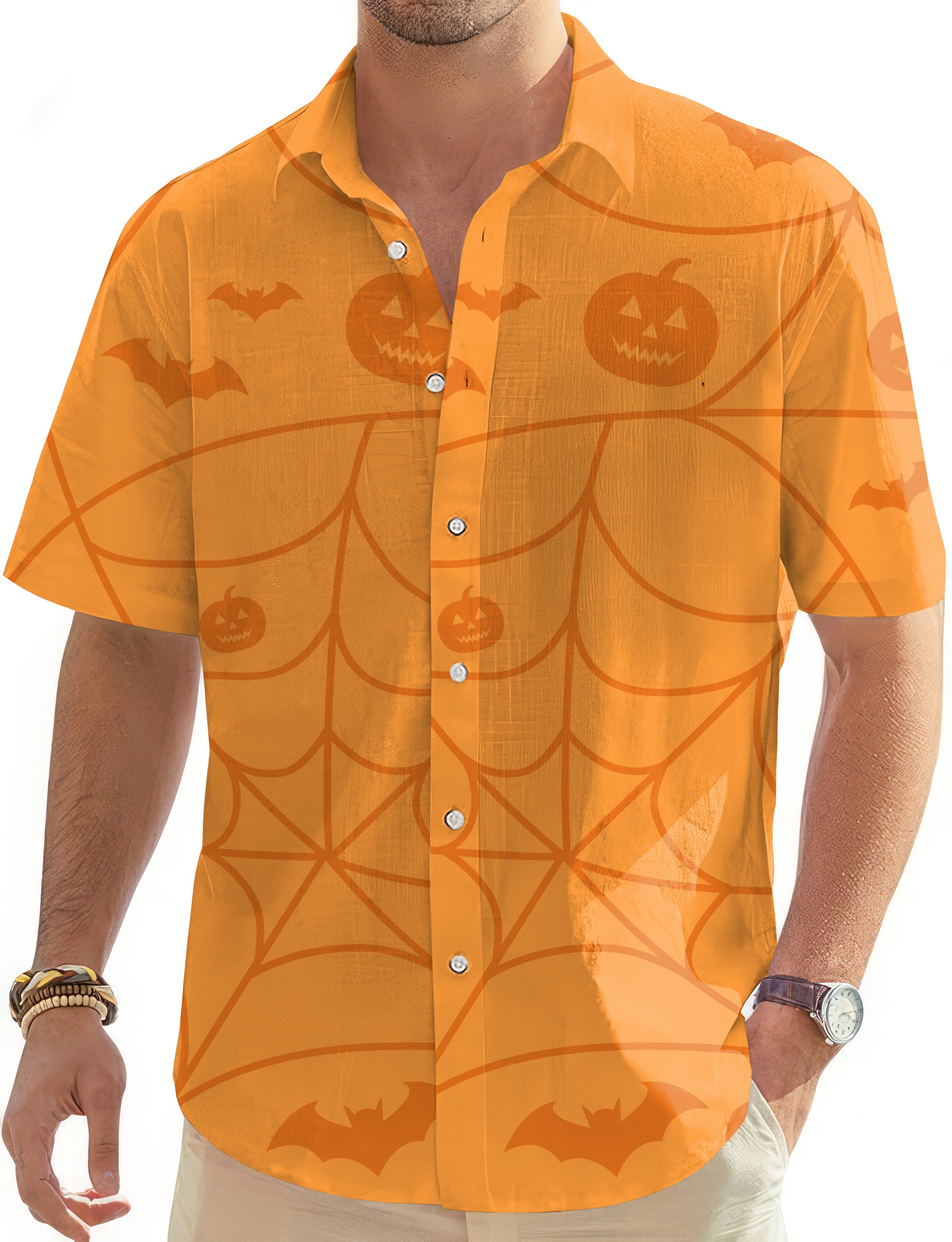 Halloween Spiderweb Pumpkin Men's Golf Hawaiian Shirts Button Down Shirt
