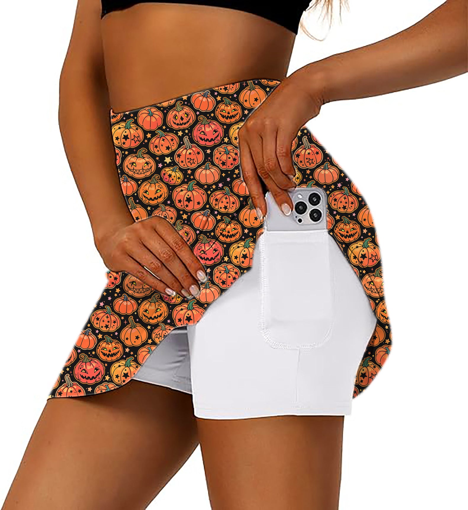 Women's -Halloween Star Pumpkin Bones Golf Skirts Inner Shorts Pocket