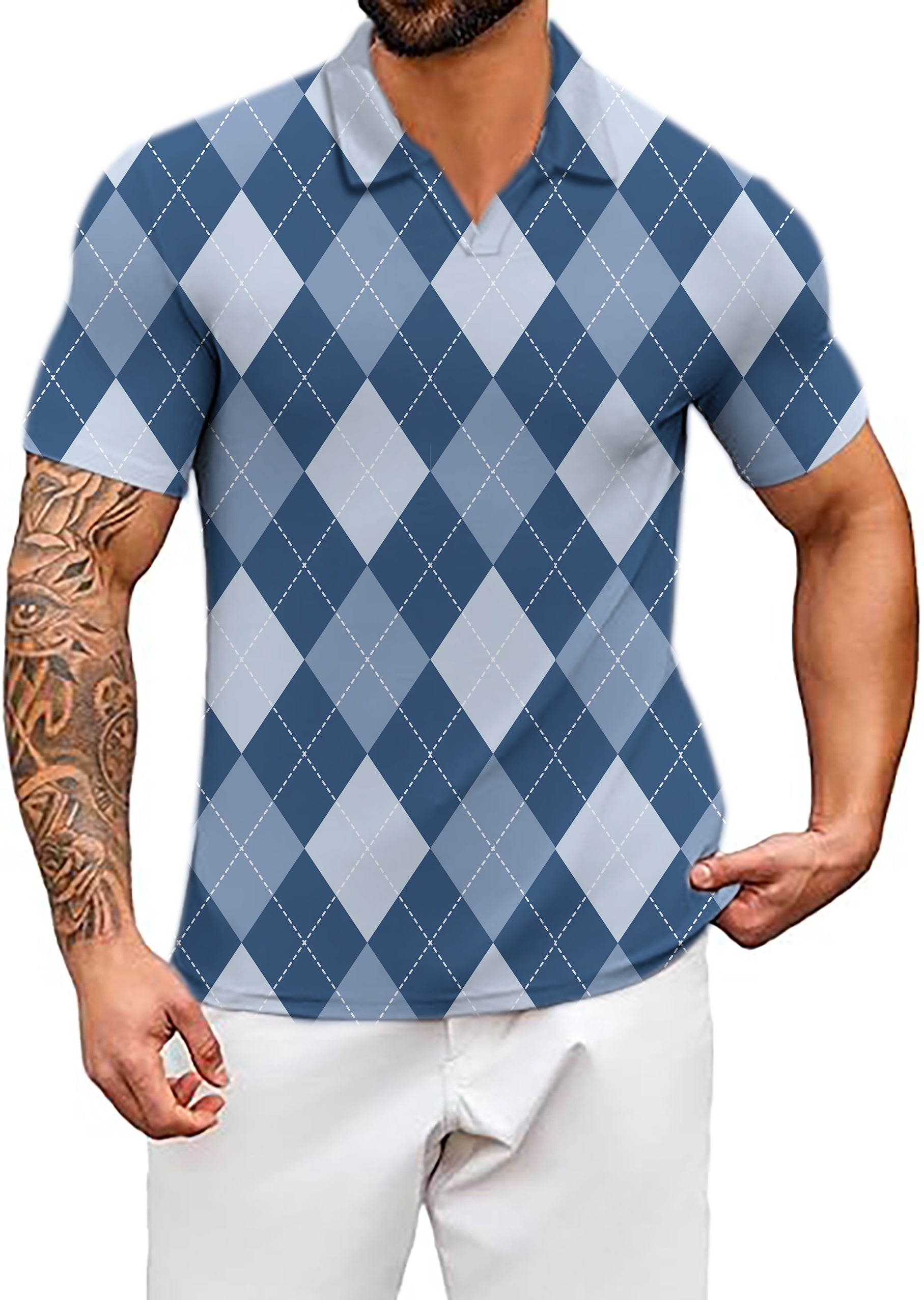 Men's blue Argyle V Neck Golf Polo Shirts