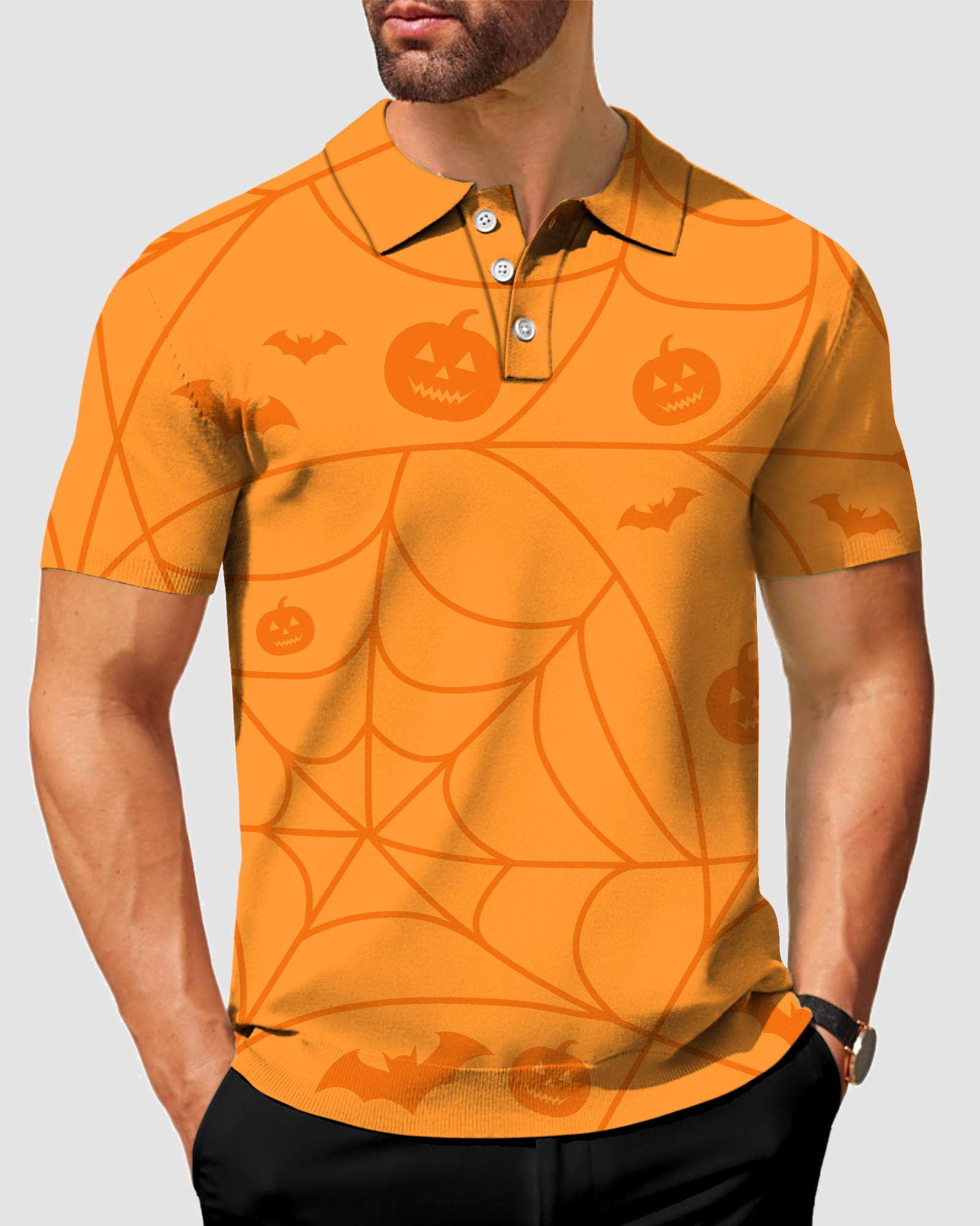 Men's Halloween Spiderweb Pumpkin Polo