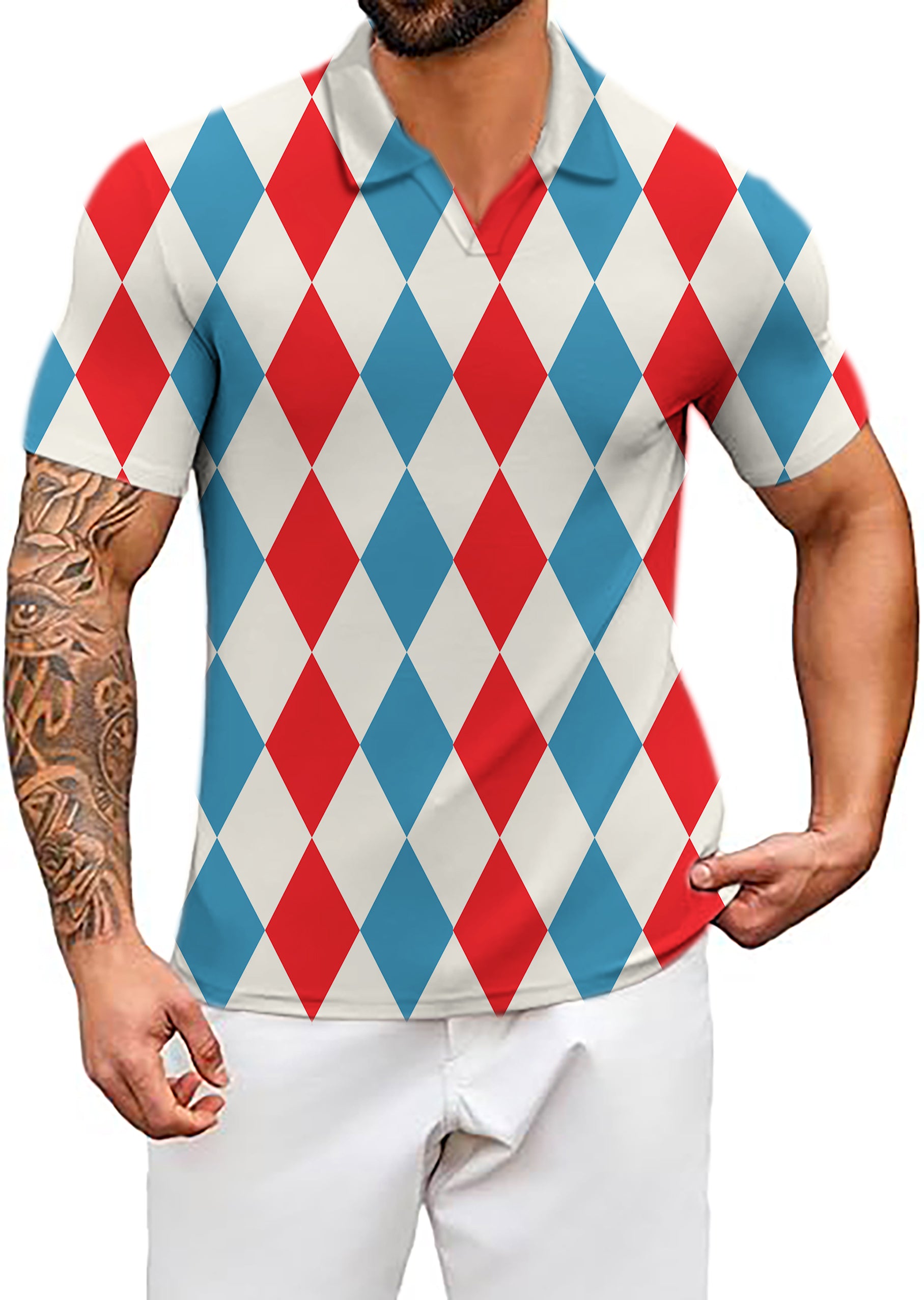 Men's Geometric checkerboard Argyle V Neck Golf Polo Shirts