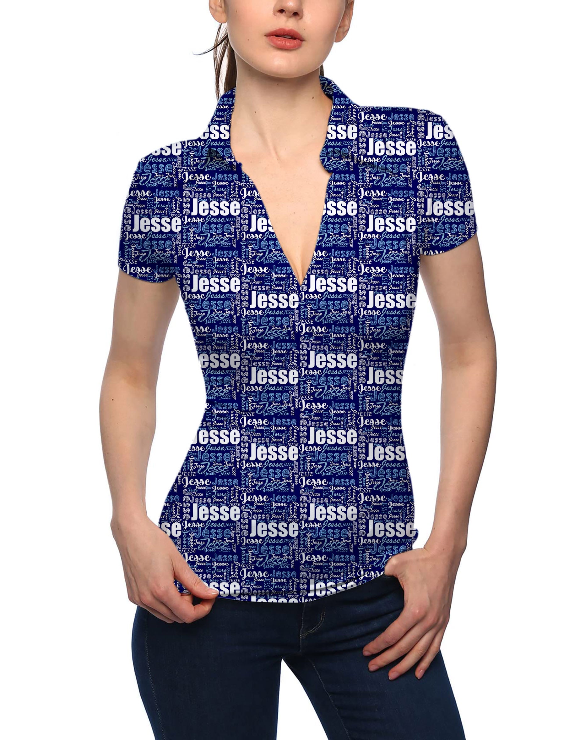 Women's Custom name navy blue V Neck Golf Polo