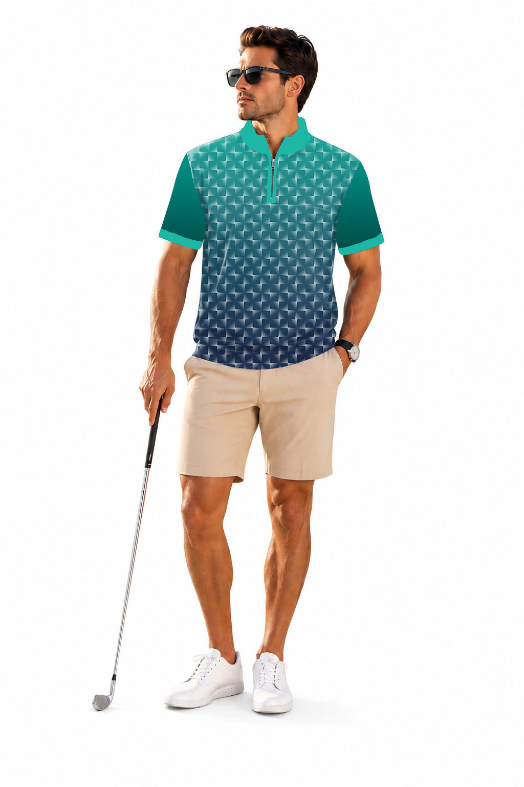 Men's Short Sleeve Quarter Zip Golf Pullover   Cyan Gradient Custom Sport Team Competition Uniforms Embroidery