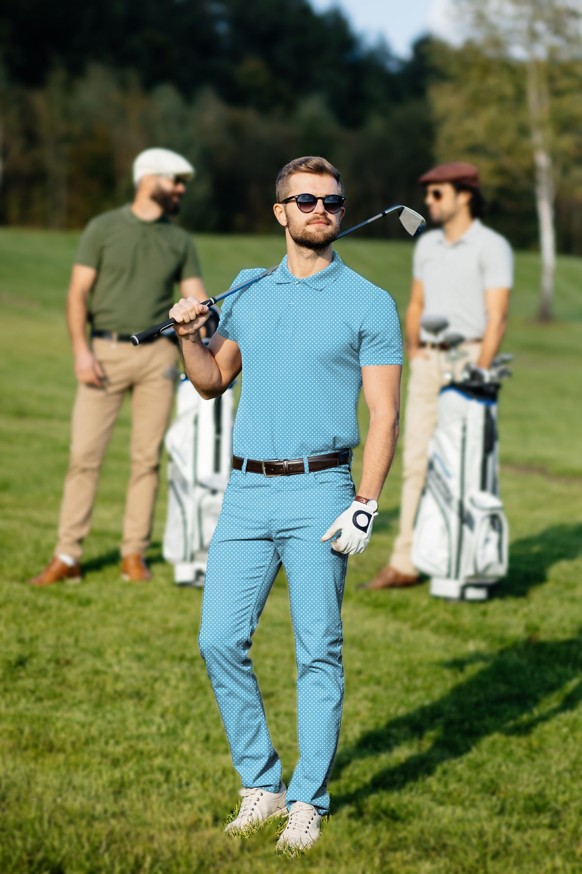 Men's Golf Set Polo+Pants white polka dots blue background