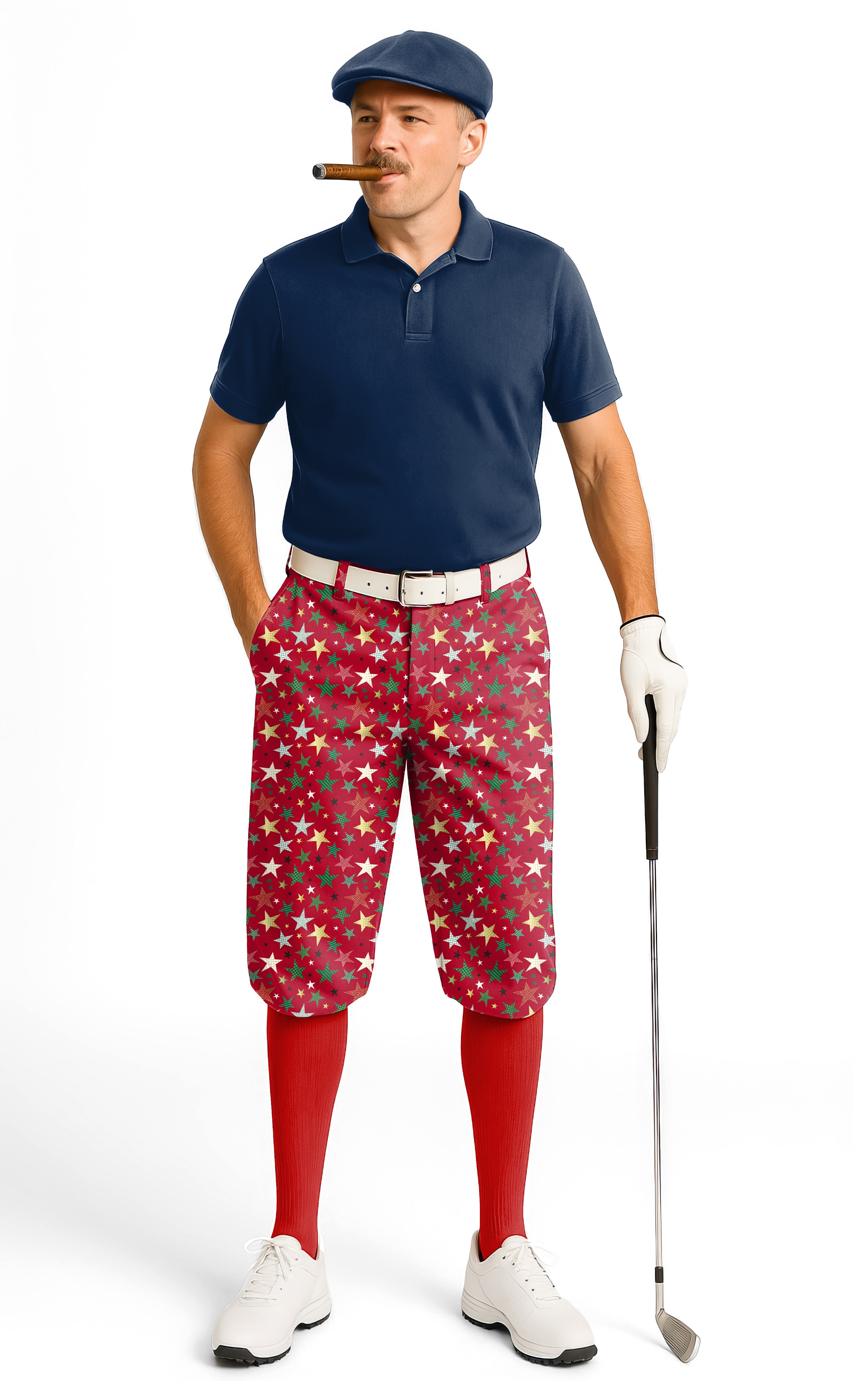 Men's golf knickers with colorful stars Christmas pattern, soft breathable fabric, adjustable Velcro waist, and snug ankle cuffs.