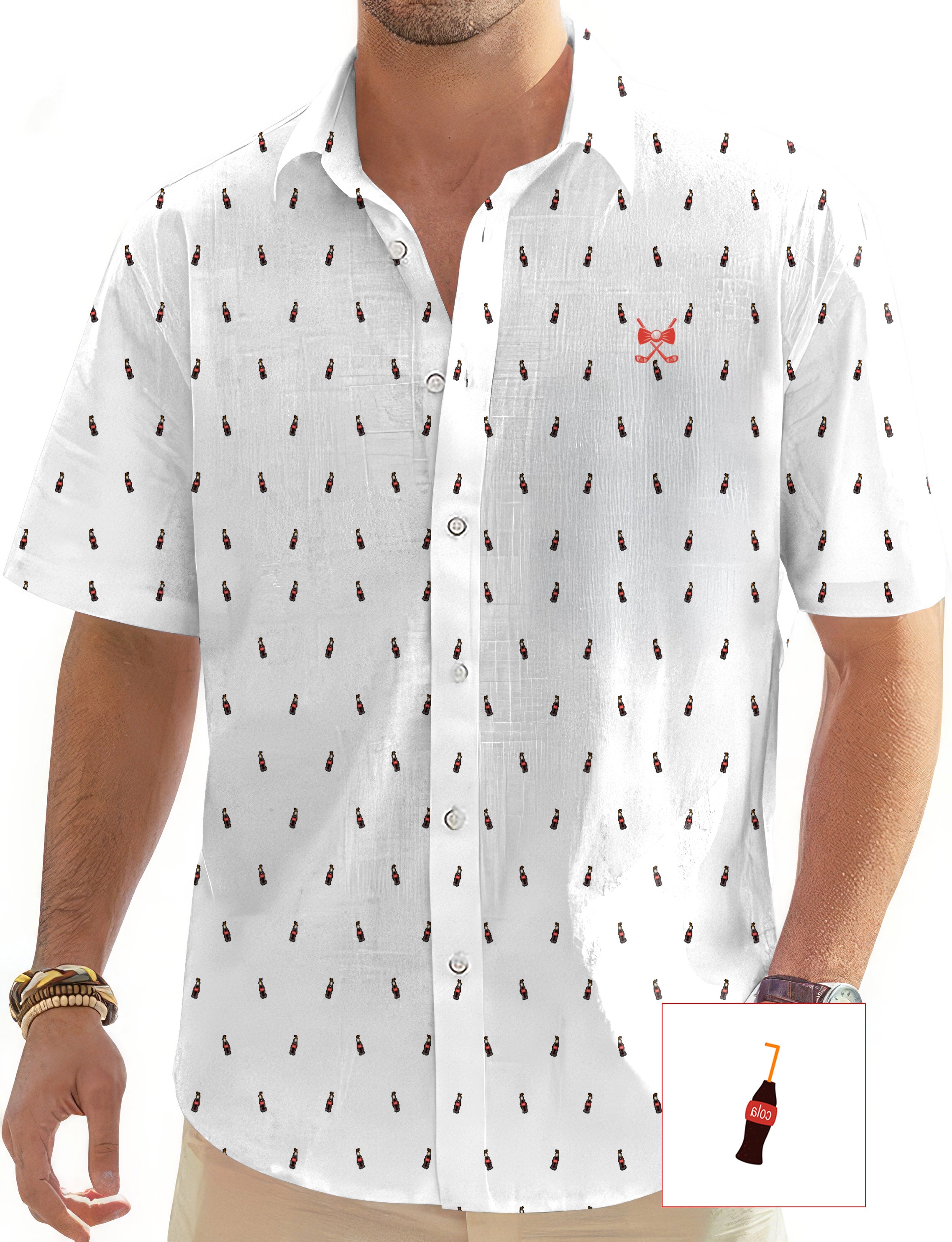 White Cola Glass Bottle Men's Golf Hawaiian Shirts Button Down Shirt