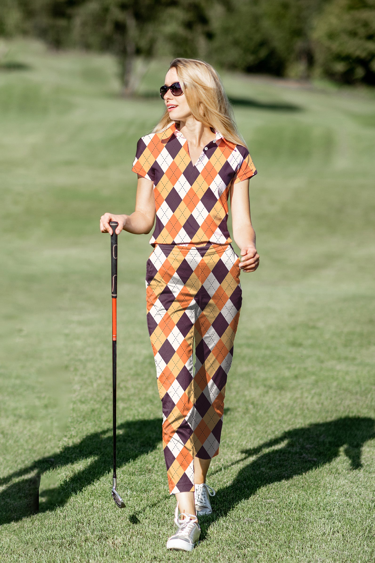Women's Golf Polo+Pants Set Halloween Orange White Brown Argyle