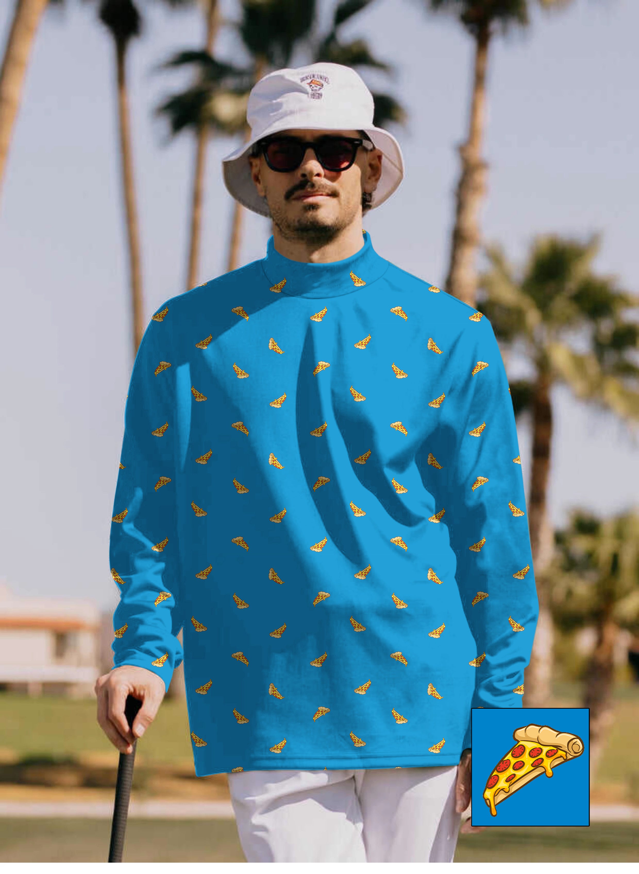 Men's Delicious White Pizza Custom The Background Color Pullover High neck Long/Short sleeve T-Shirt