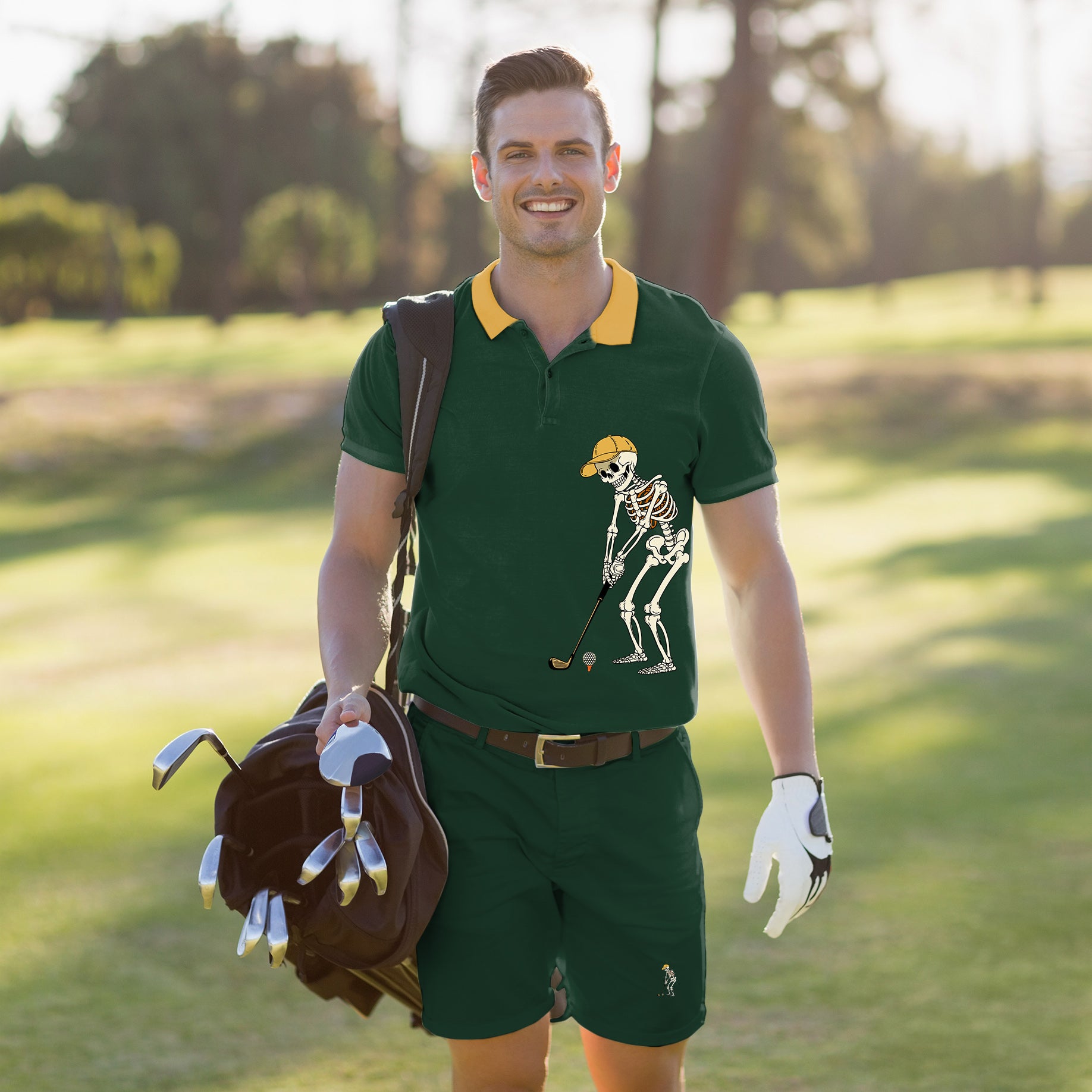 Men's Golf Set Polo+Shorts Yellow Green Halloween Skeleton Golf